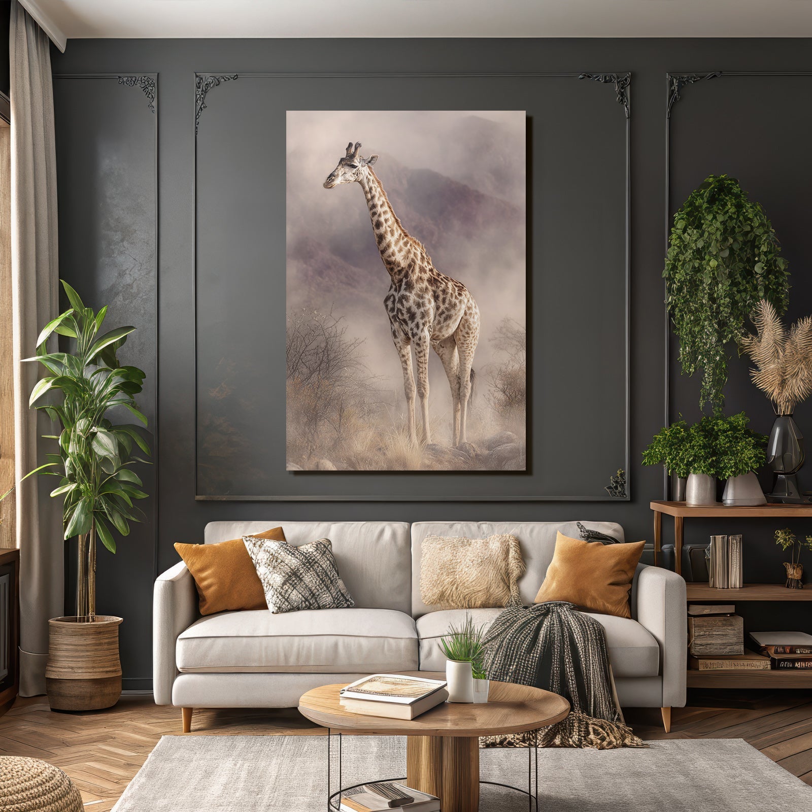 Giraffe Im Nebligen Landscape Mit Felsen Und Folien
