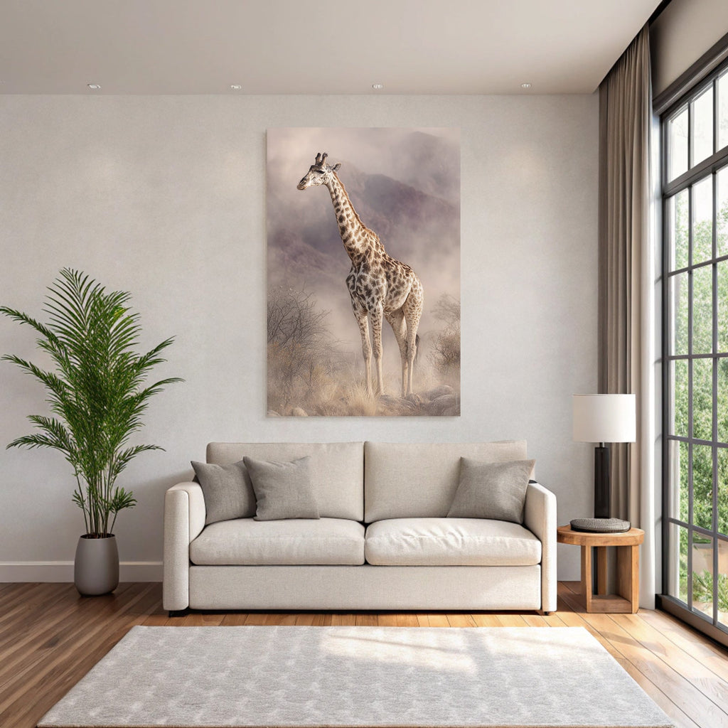 Giraffe Im Nebligen Landscape Mit Felsen Und Folien