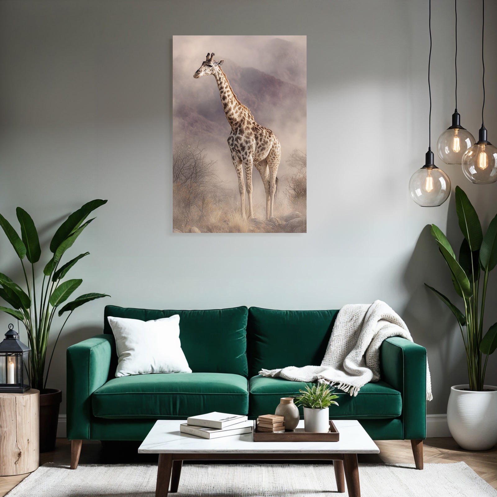 Giraffe Im Nebligen Landscape Mit Felsen Und Folien