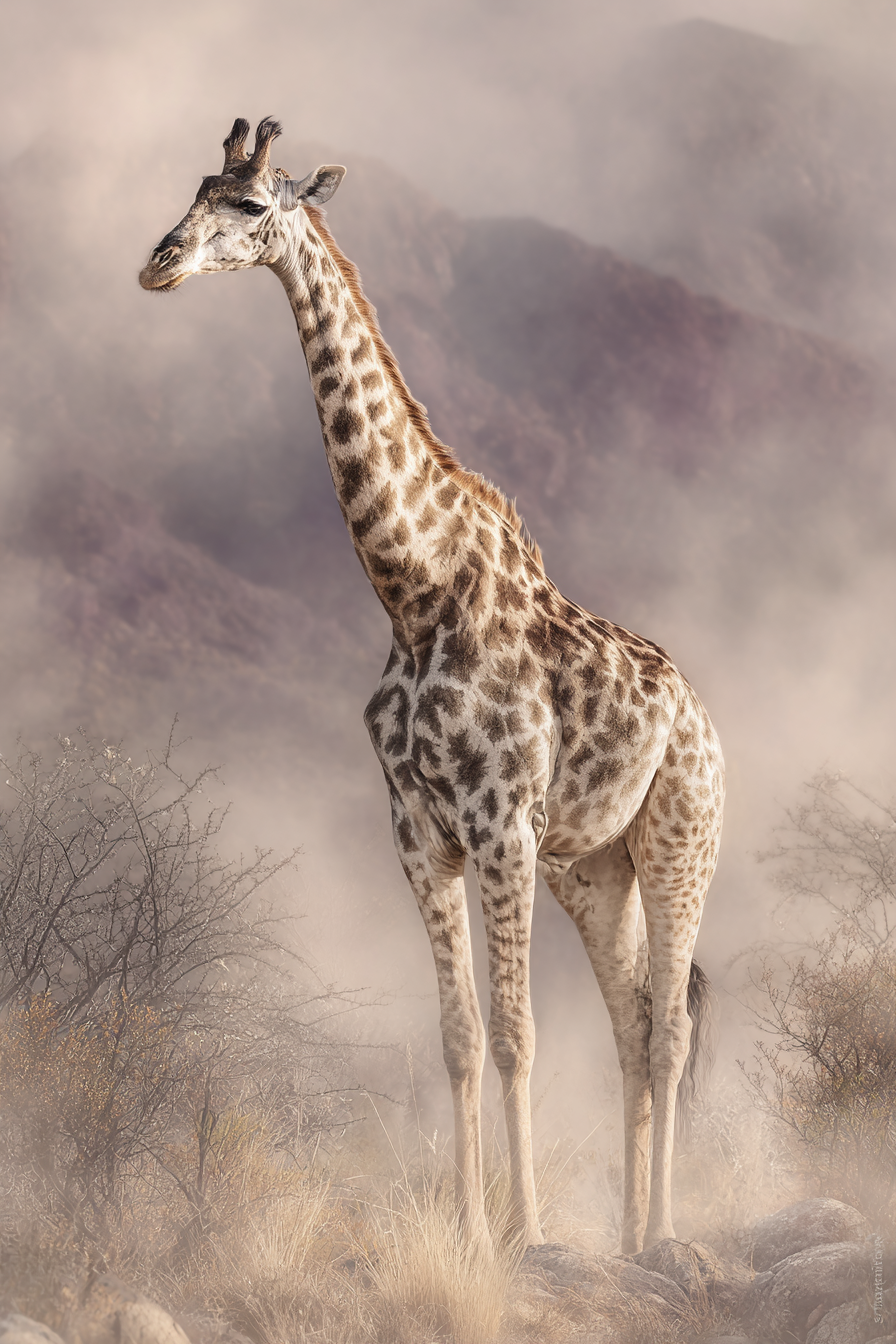 Giraffe Im Nebligen Landscape Mit Felsen Und Folien | Safari und Wildtiere | Tiere