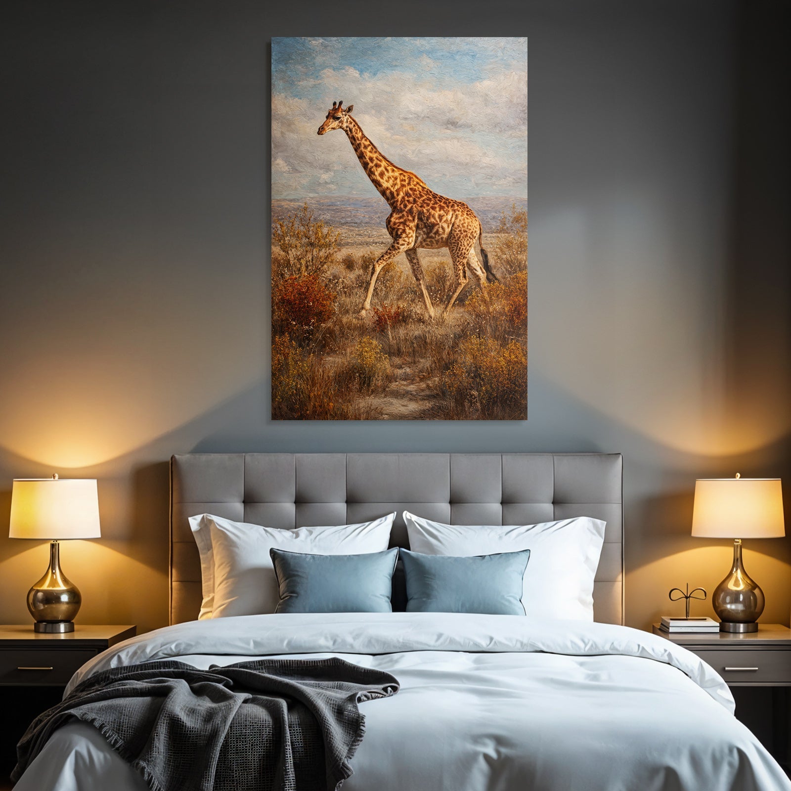 Giraffe Im Savanne Mit Sträuchern Und Gräsern