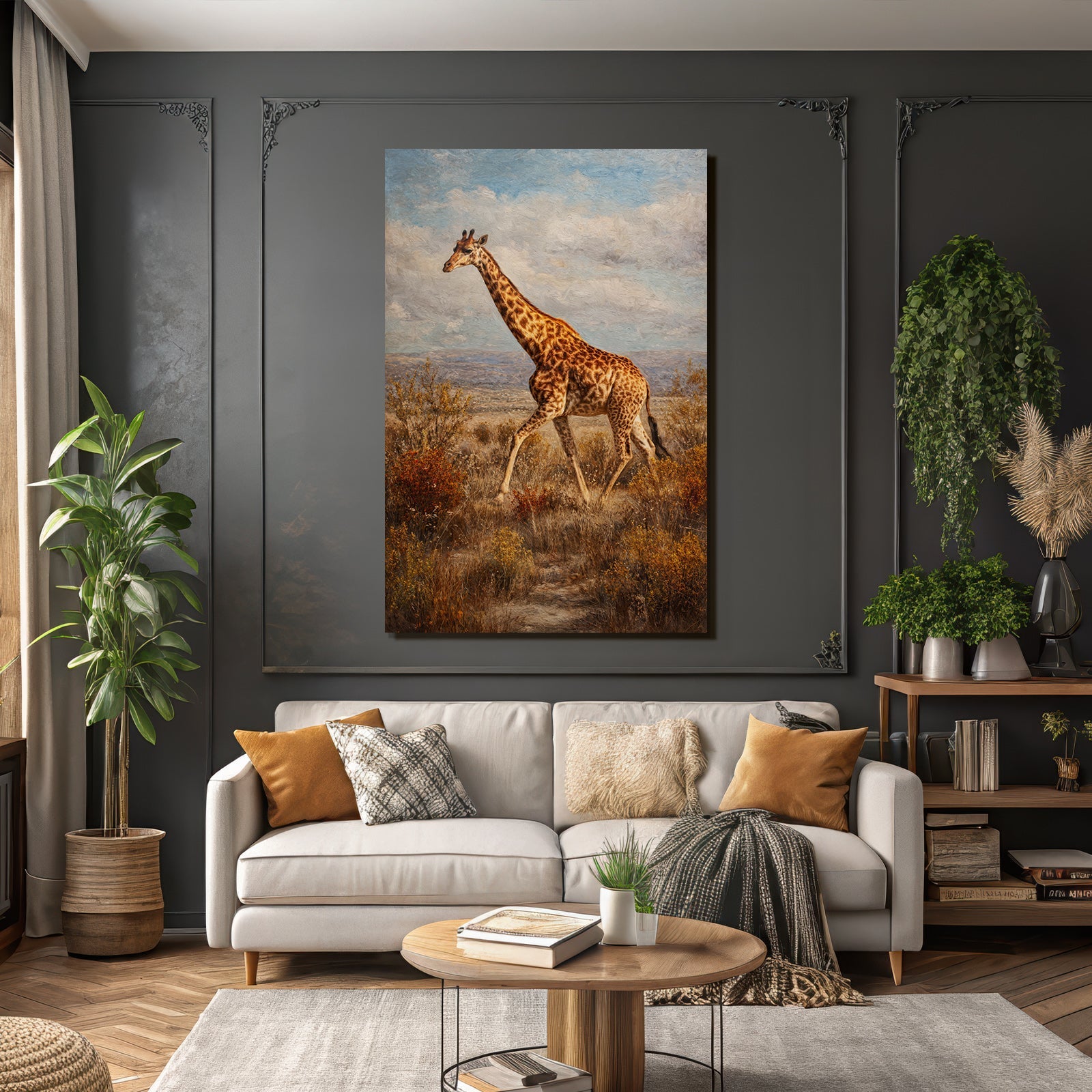 Giraffe Im Savanne Mit Sträuchern Und Gräsern
