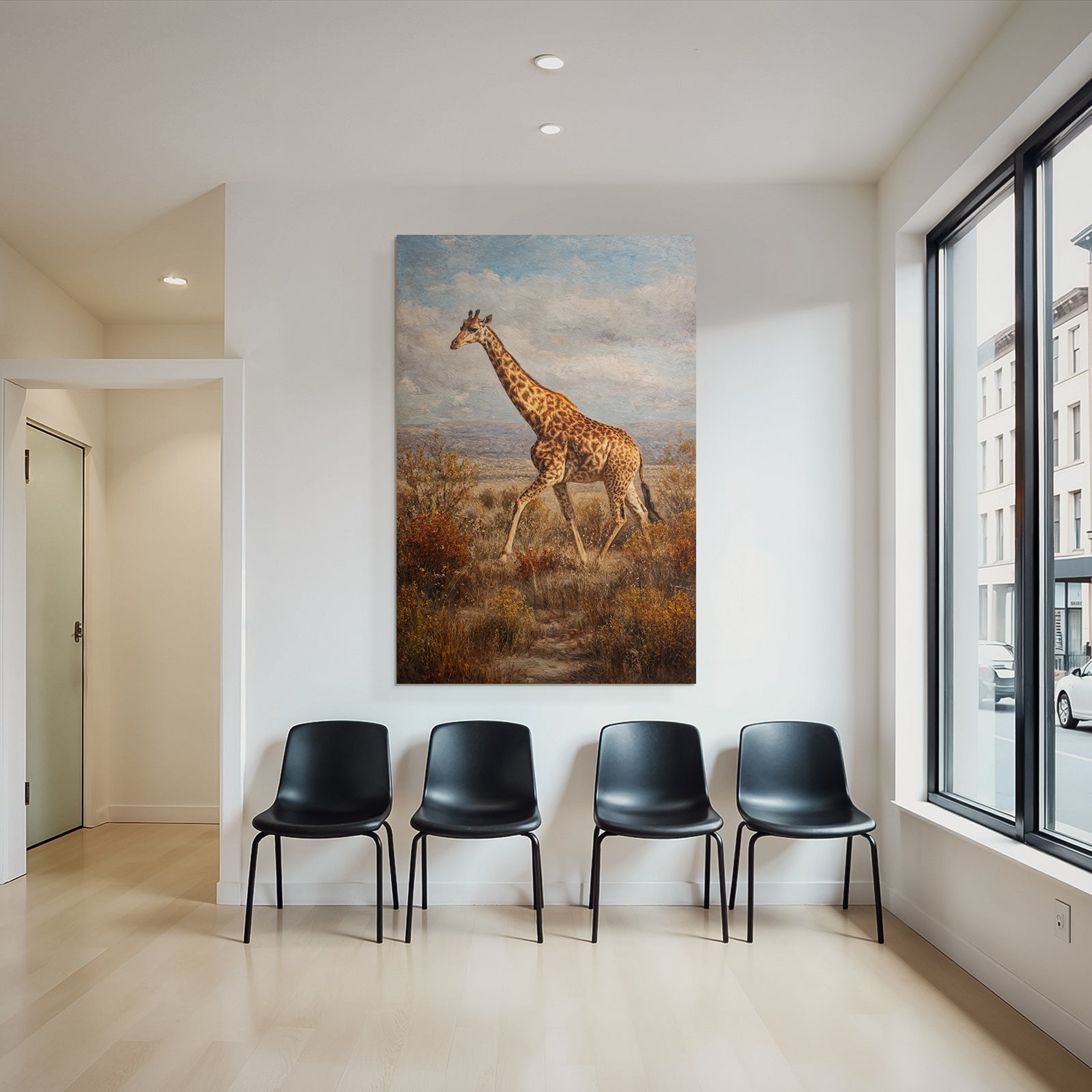 Giraffe Im Savanne Mit Sträuchern Und Gräsern
