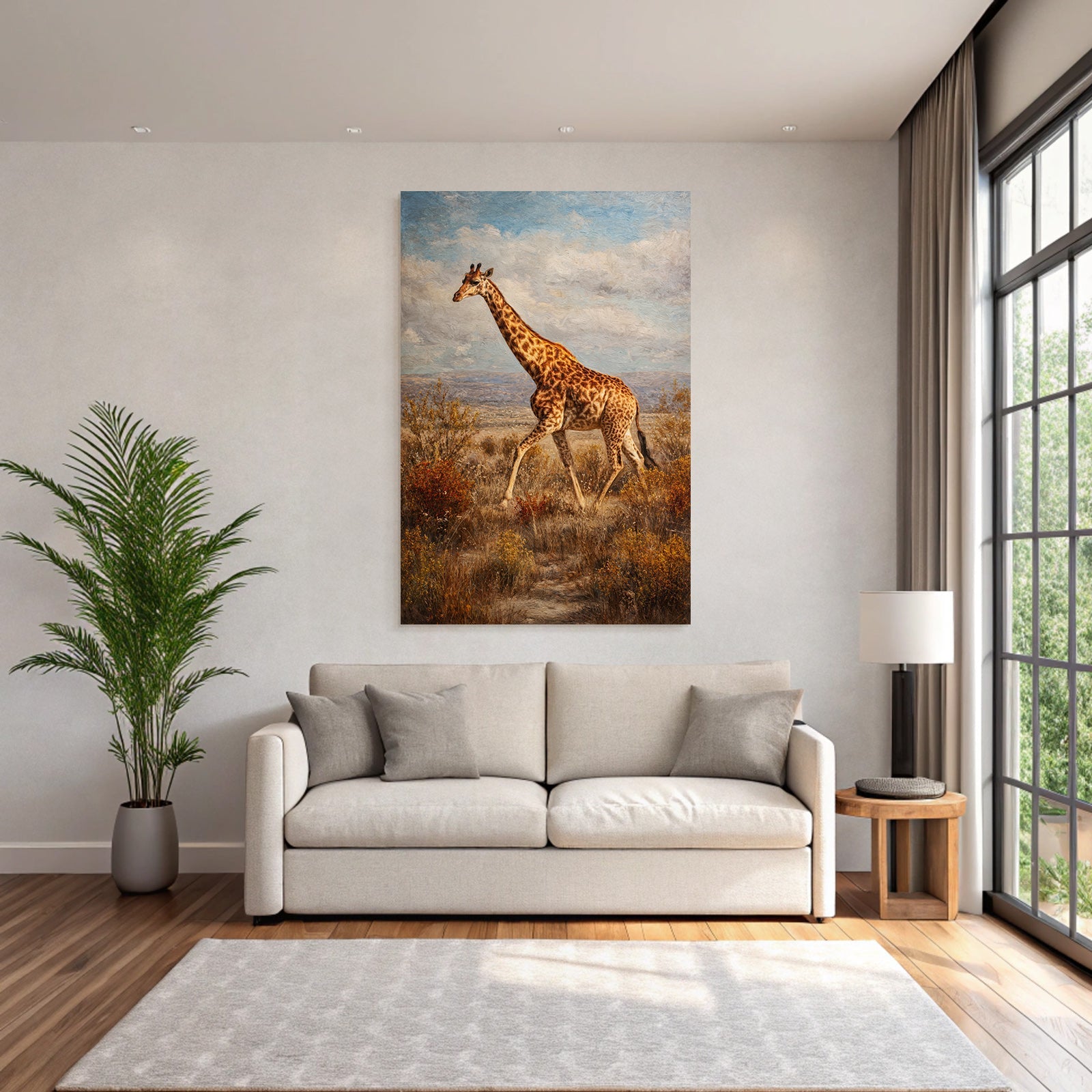 Giraffe Im Savanne Mit Sträuchern Und Gräsern