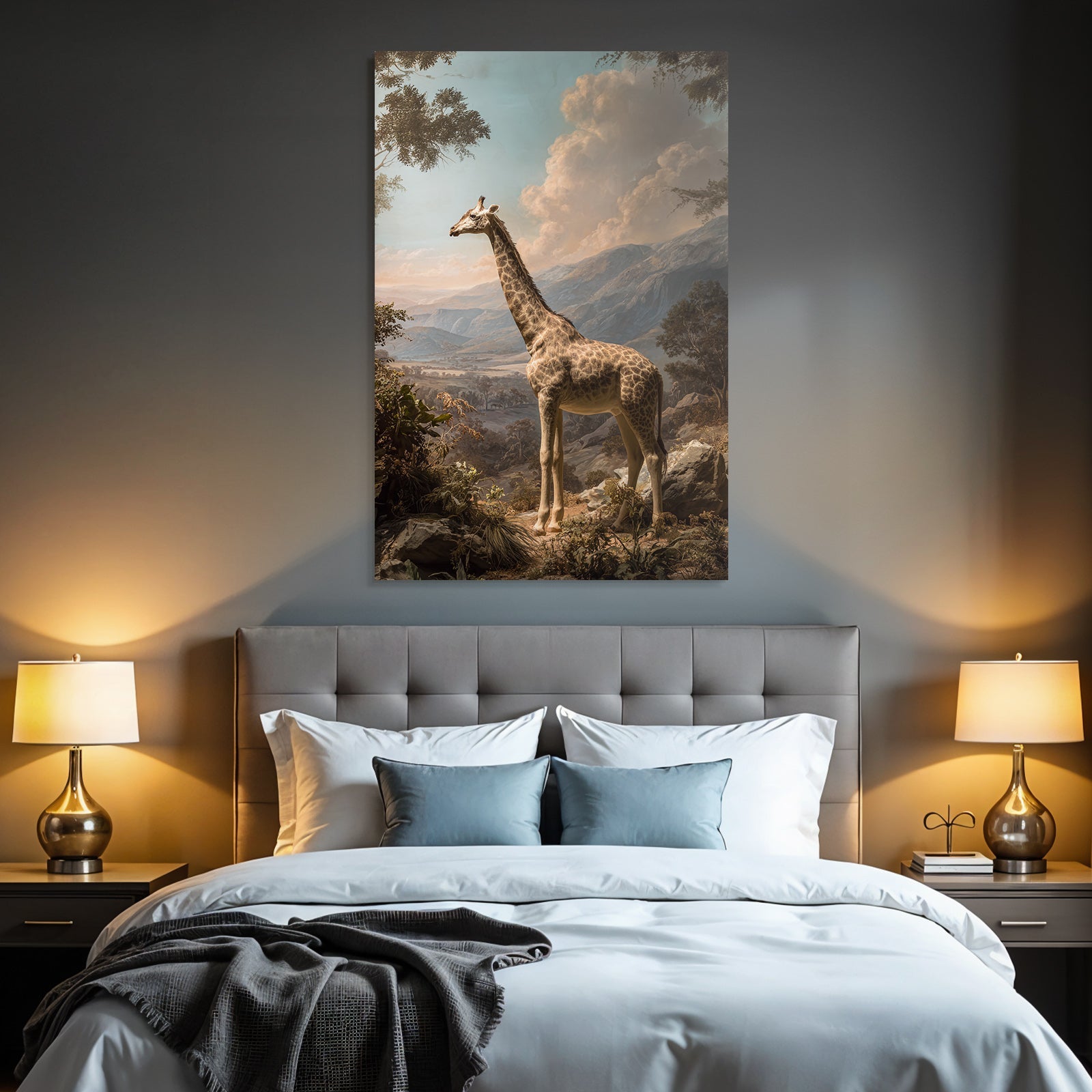 Giraffe In Der Natur Mit Bergen Und Wolken Himmel