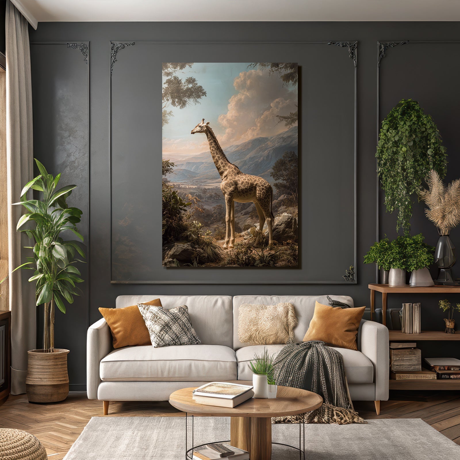 Giraffe In Der Natur Mit Bergen Und Wolken Himmel