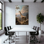 Giraffe In Der Natur Mit Bergen Und Wolken Himmel