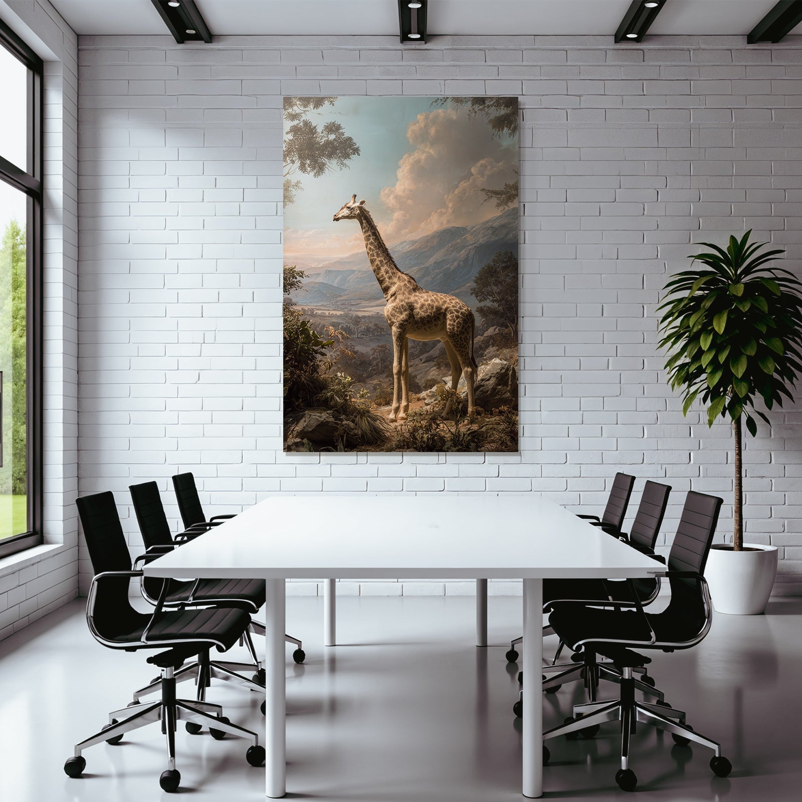 Giraffe In Der Natur Mit Bergen Und Wolken Himmel
