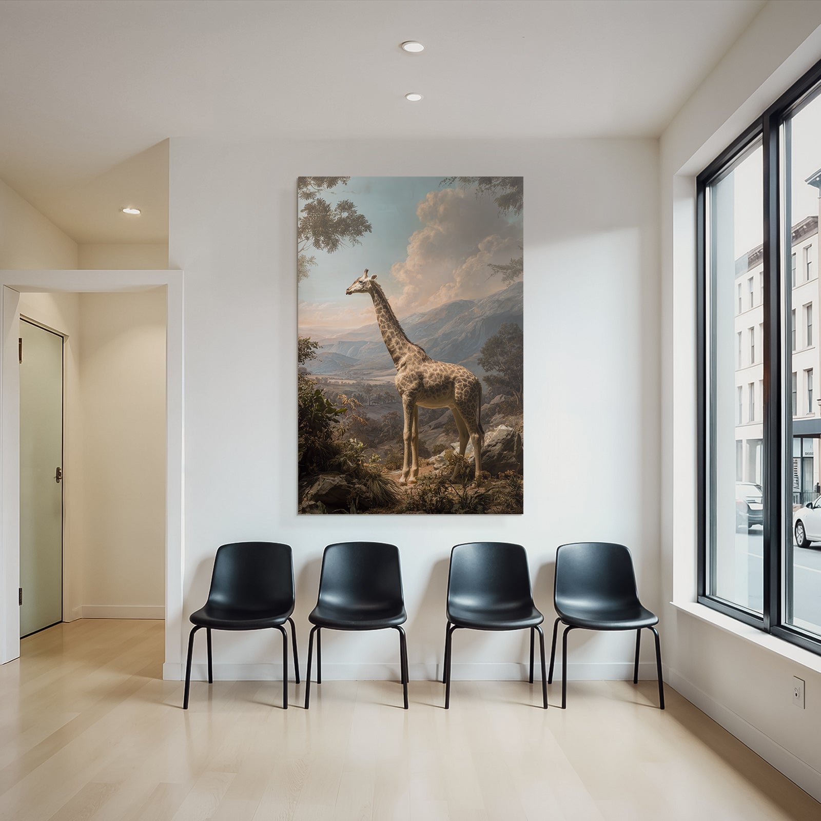 Giraffe In Der Natur Mit Bergen Und Wolken Himmel
