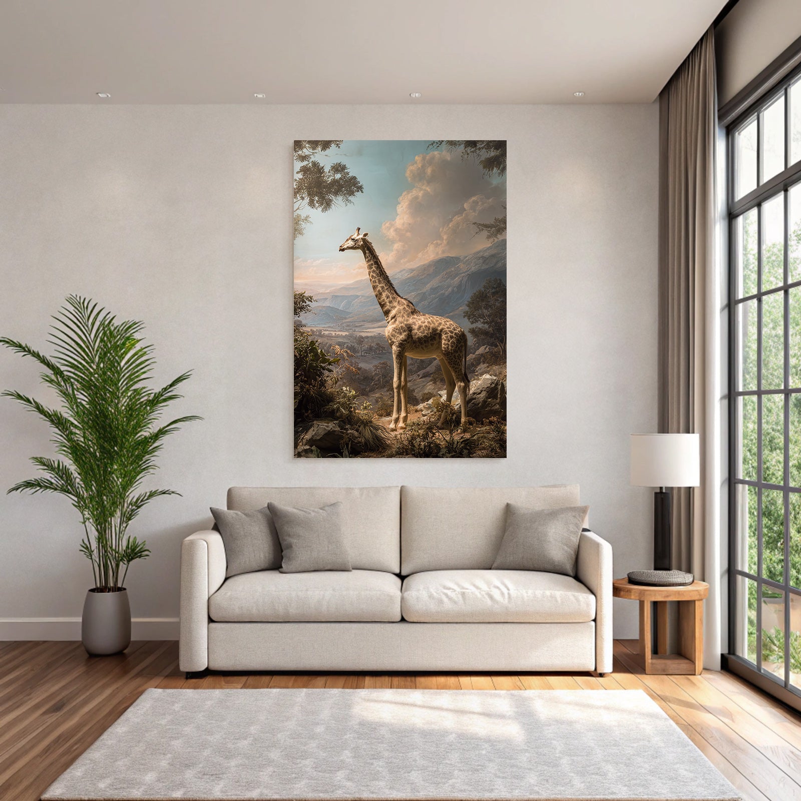 Giraffe In Der Natur Mit Bergen Und Wolken Himmel