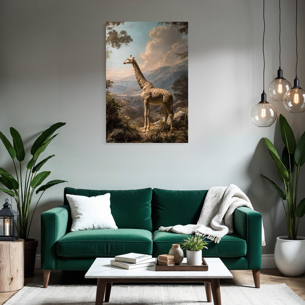 Giraffe In Der Natur Mit Bergen Und Wolken Himmel