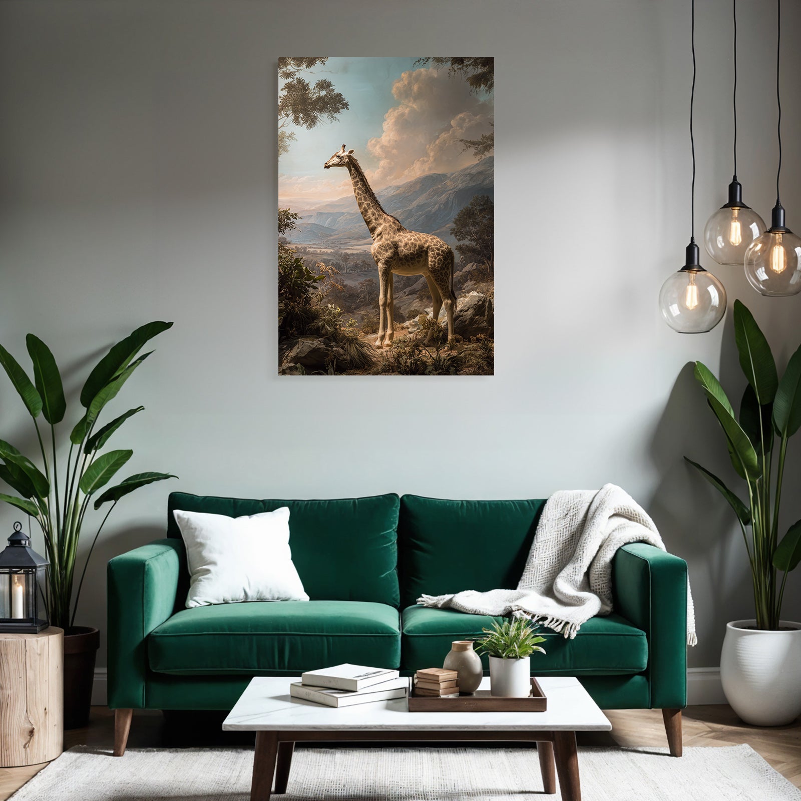Giraffe In Der Natur Mit Bergen Und Wolken Himmel