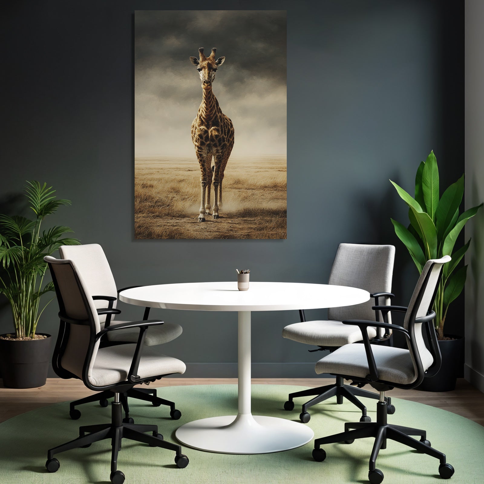 Giraffe In Einer Grünen Landschaft Unter Einem Wolkenverhangenen Himmel