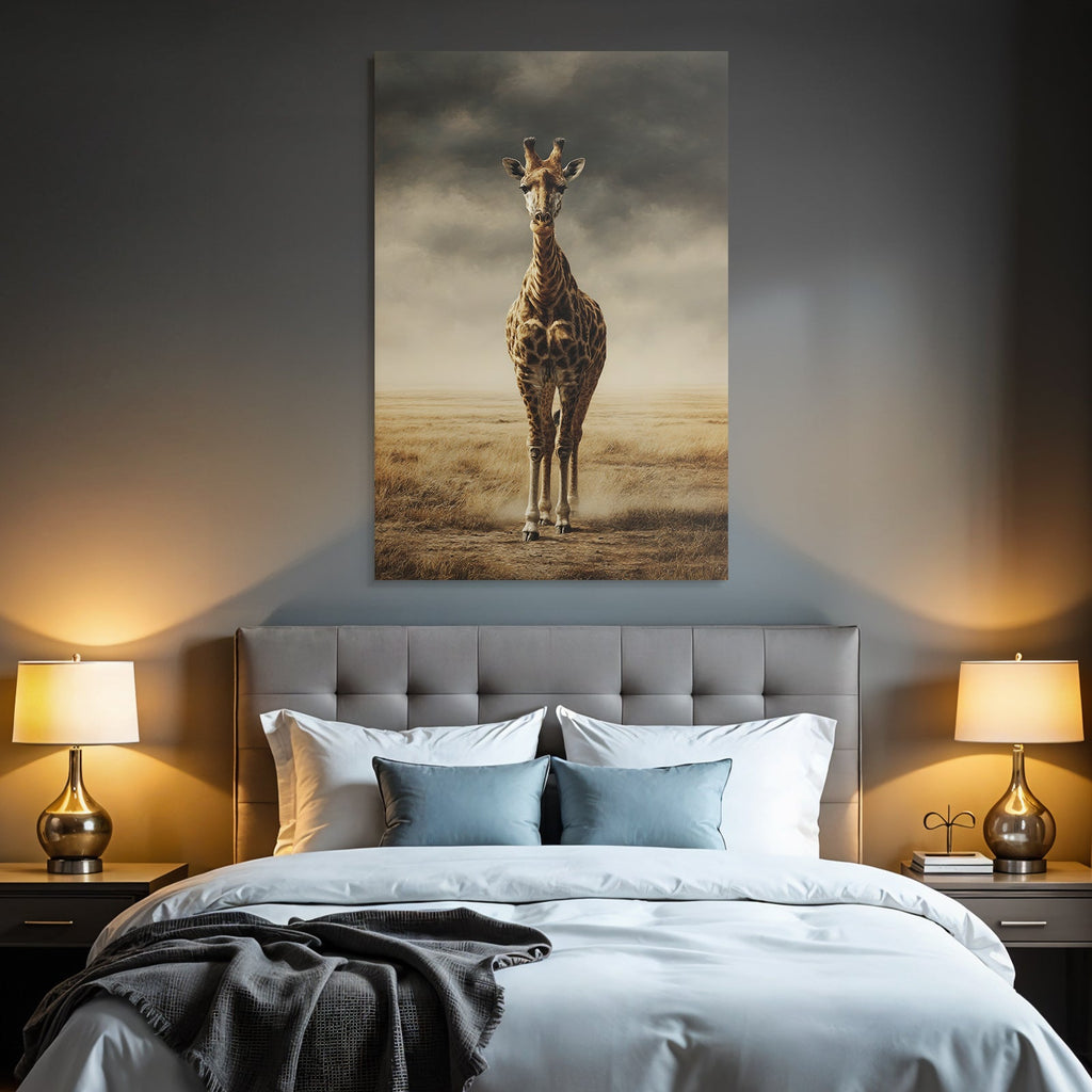 Giraffe In Einer Grünen Landschaft Unter Einem Wolkenverhangenen Himmel