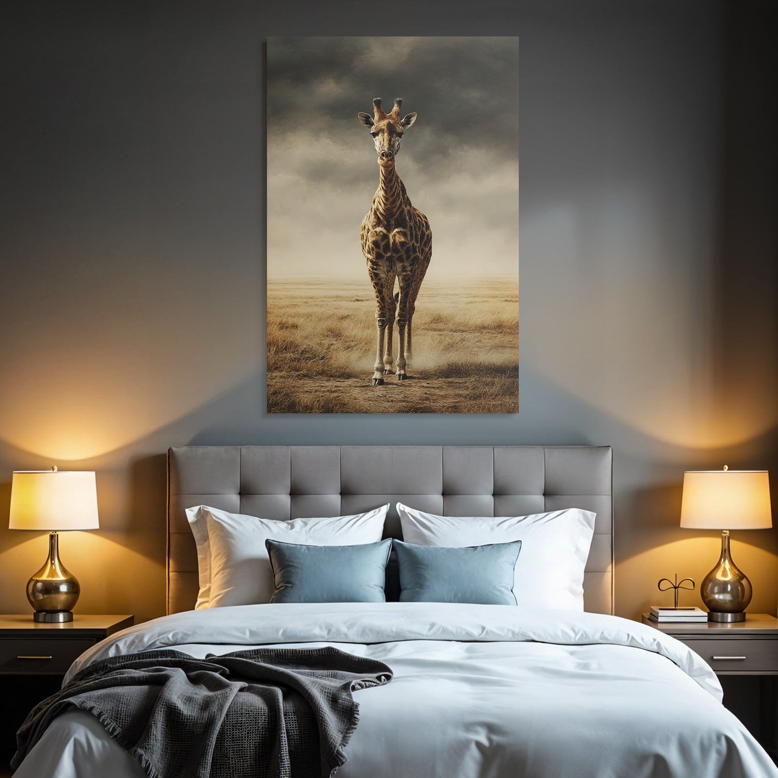 Giraffe In Einer Grünen Landschaft Unter Einem Wolkenverhangenen Himmel