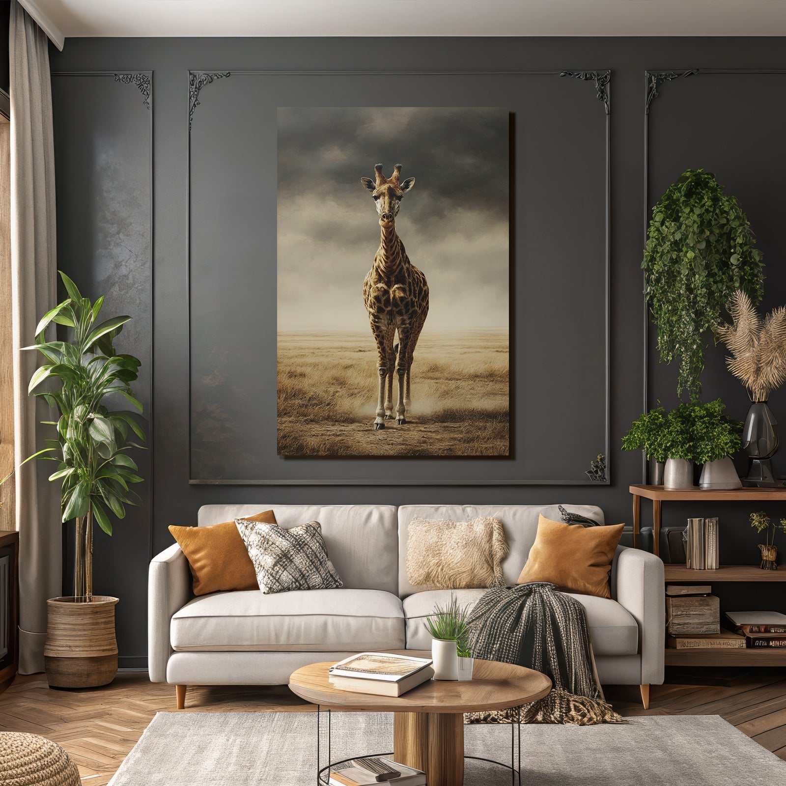Giraffe In Einer Grünen Landschaft Unter Einem Wolkenverhangenen Himmel