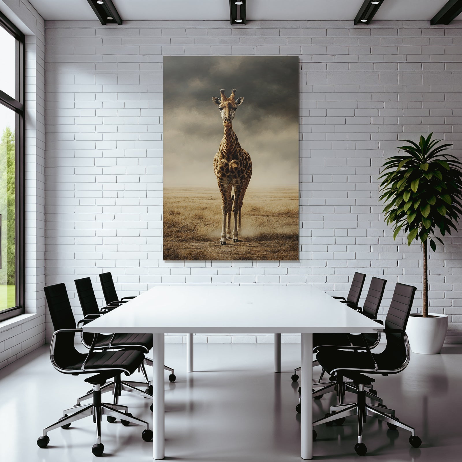 Giraffe In Einer Grünen Landschaft Unter Einem Wolkenverhangenen Himmel
