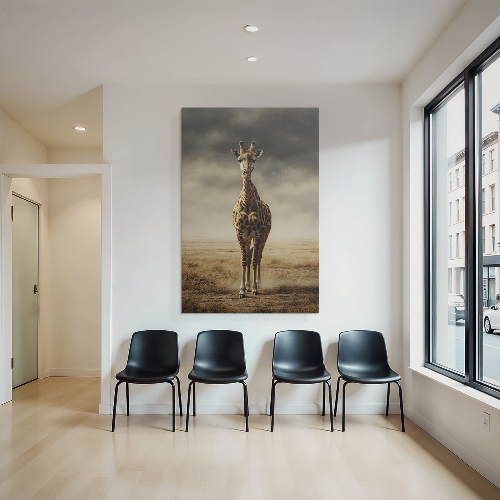 Giraffe In Einer Grünen Landschaft Unter Einem Wolkenverhangenen Himmel