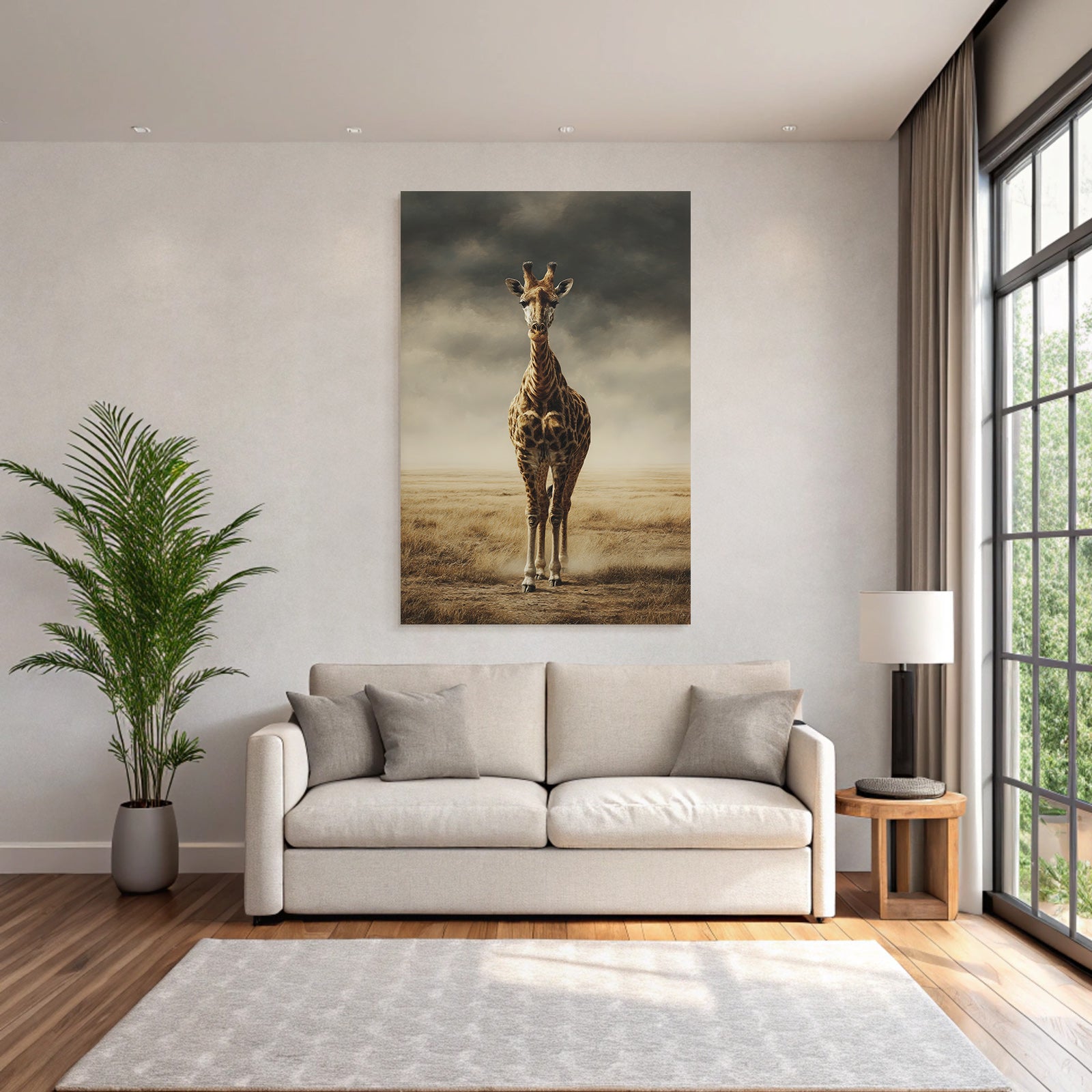 Giraffe In Einer Grünen Landschaft Unter Einem Wolkenverhangenen Himmel