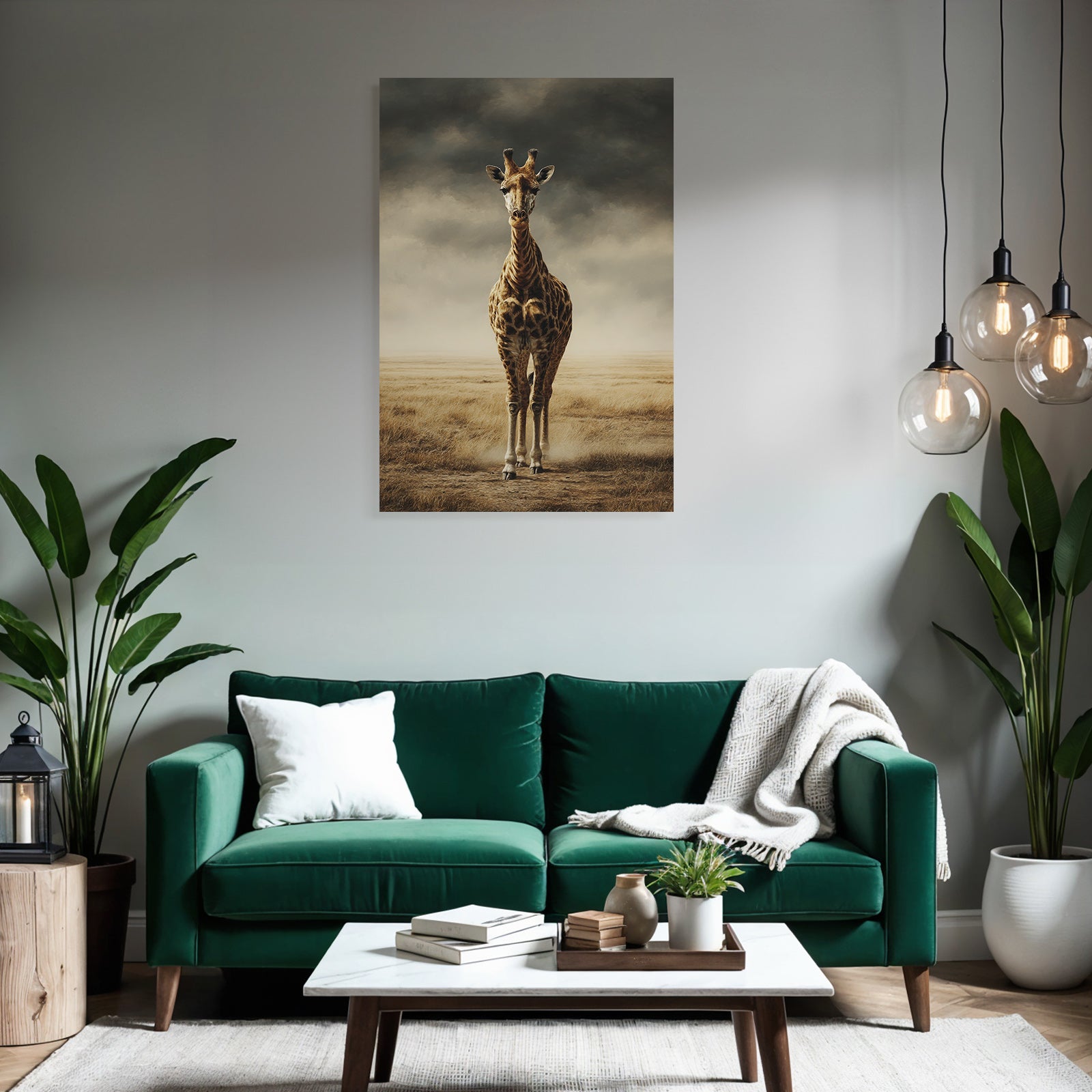 Giraffe In Einer Grünen Landschaft Unter Einem Wolkenverhangenen Himmel