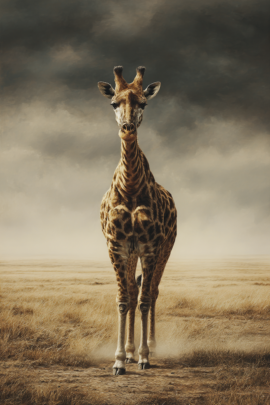 Giraffe In Einer Grünen Landschaft Unter Einem Wolkenverhangenen Himmel | Safari und Wildtiere | Tiere