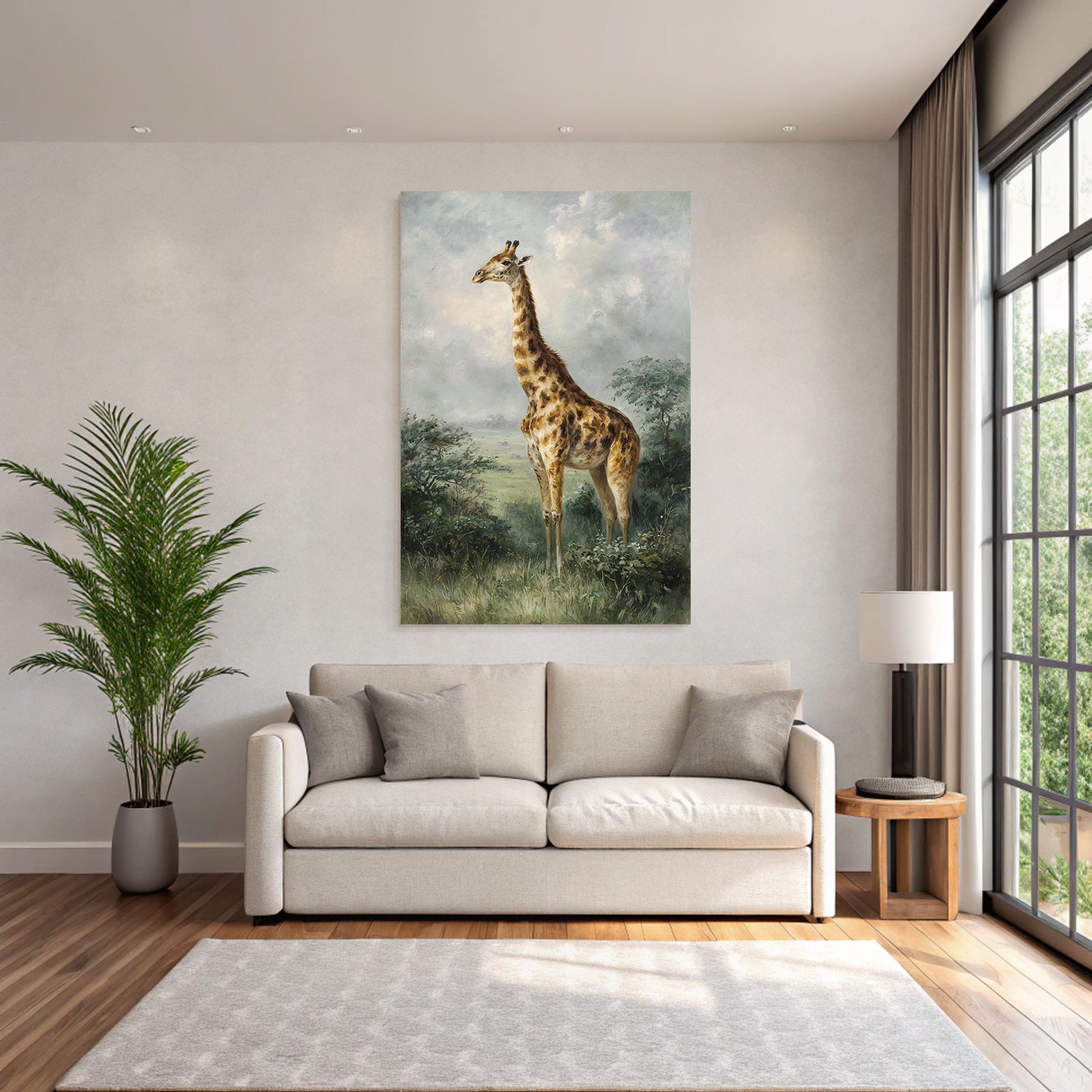 Giraffe In Natur Und Grünem Hintergrund Mit Wolkenhimme