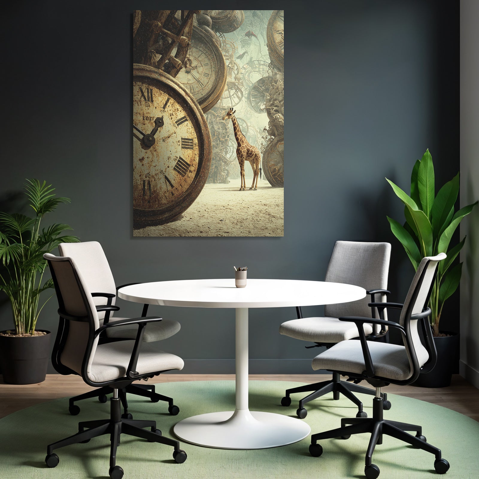 Giraffe Und Die Alten Uhrwerke In Einer Surrealen Landschaft