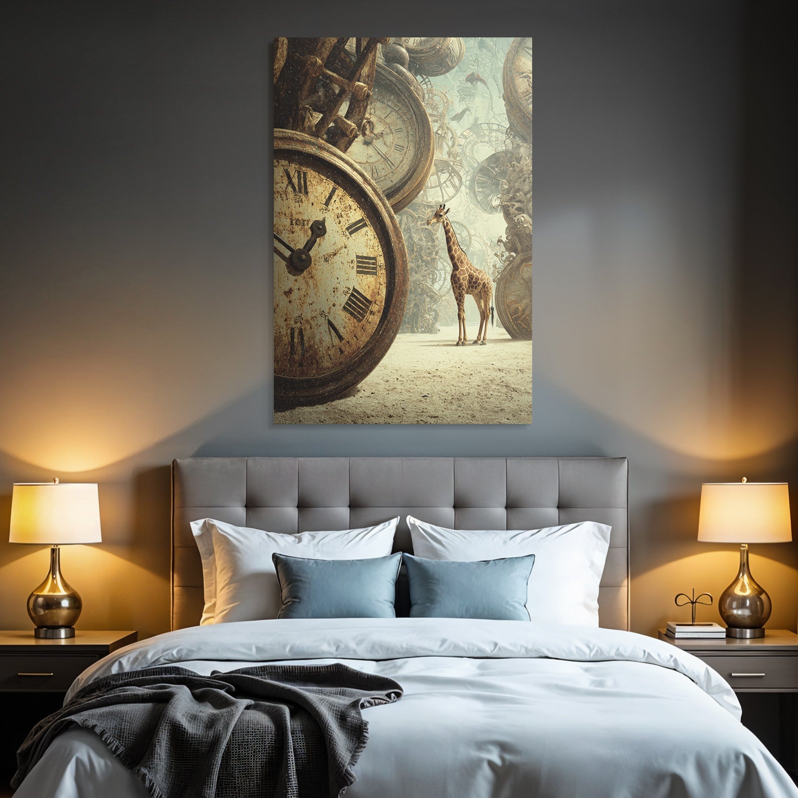 Giraffe Und Die Alten Uhrwerke In Einer Surrealen Landschaft