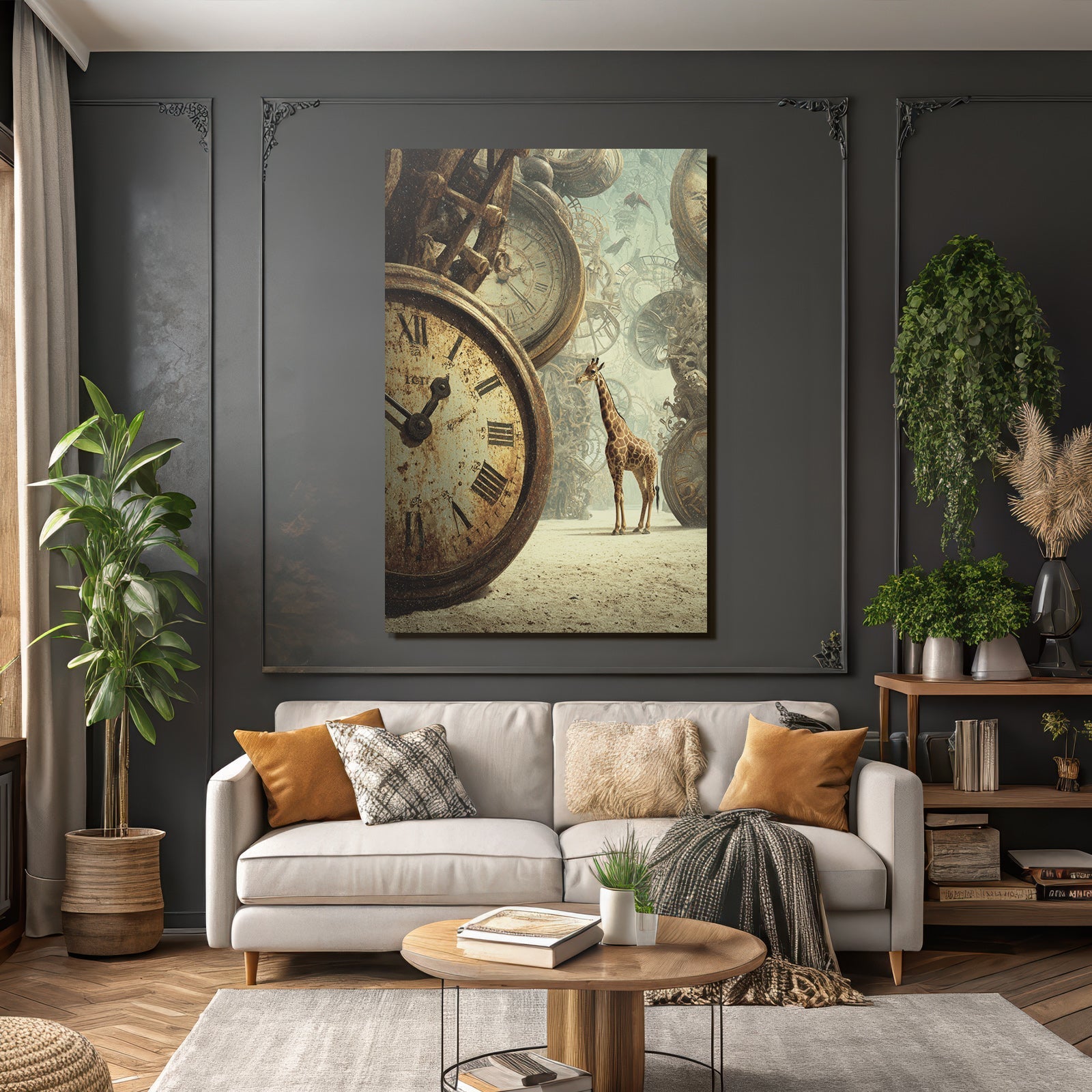 Giraffe Und Die Alten Uhrwerke In Einer Surrealen Landschaft