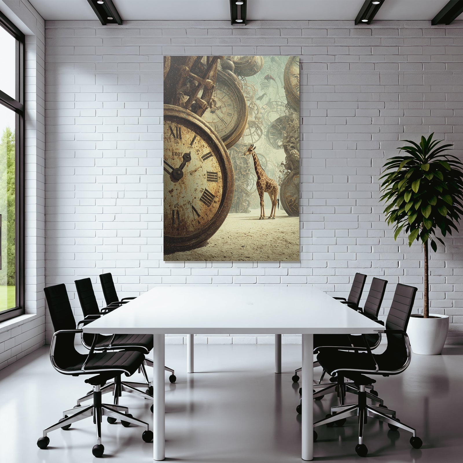 Giraffe Und Die Alten Uhrwerke In Einer Surrealen Landschaft