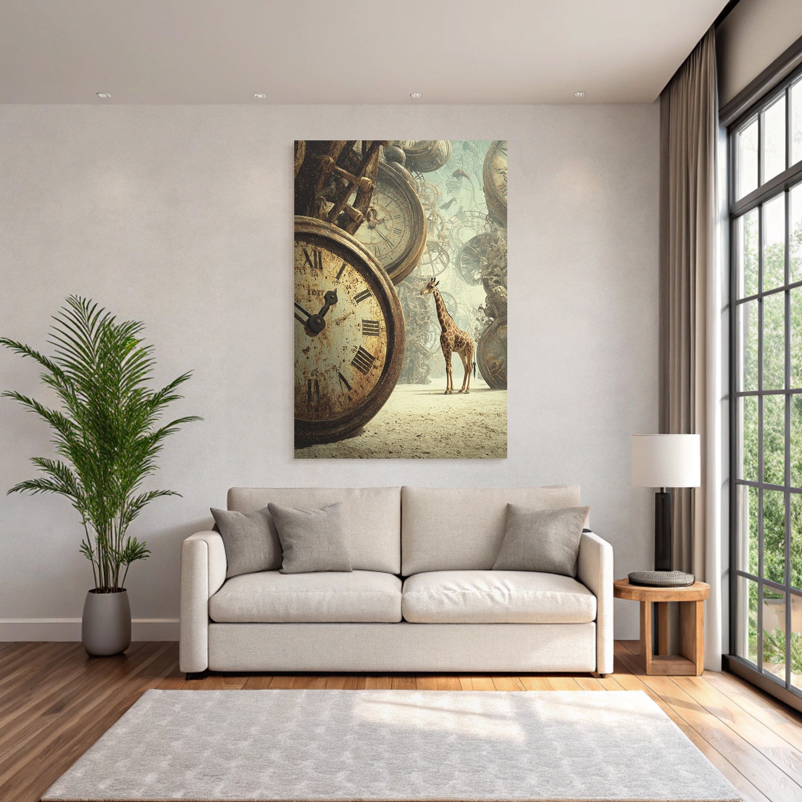 Giraffe Und Die Alten Uhrwerke In Einer Surrealen Landschaft