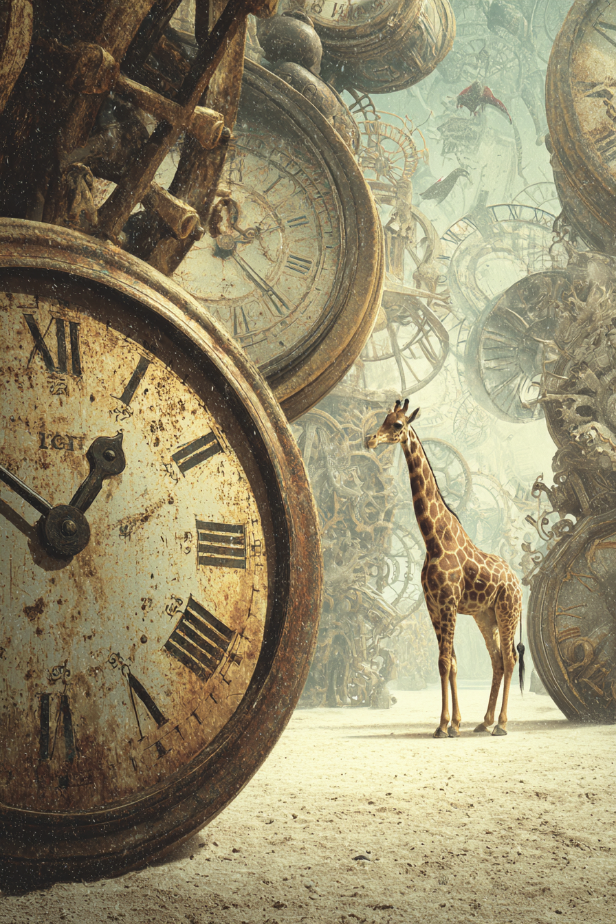 Giraffe Und Die Alten Uhrwerke In Einer Surrealen Landschaft | Safari und Wildtiere | Tiere