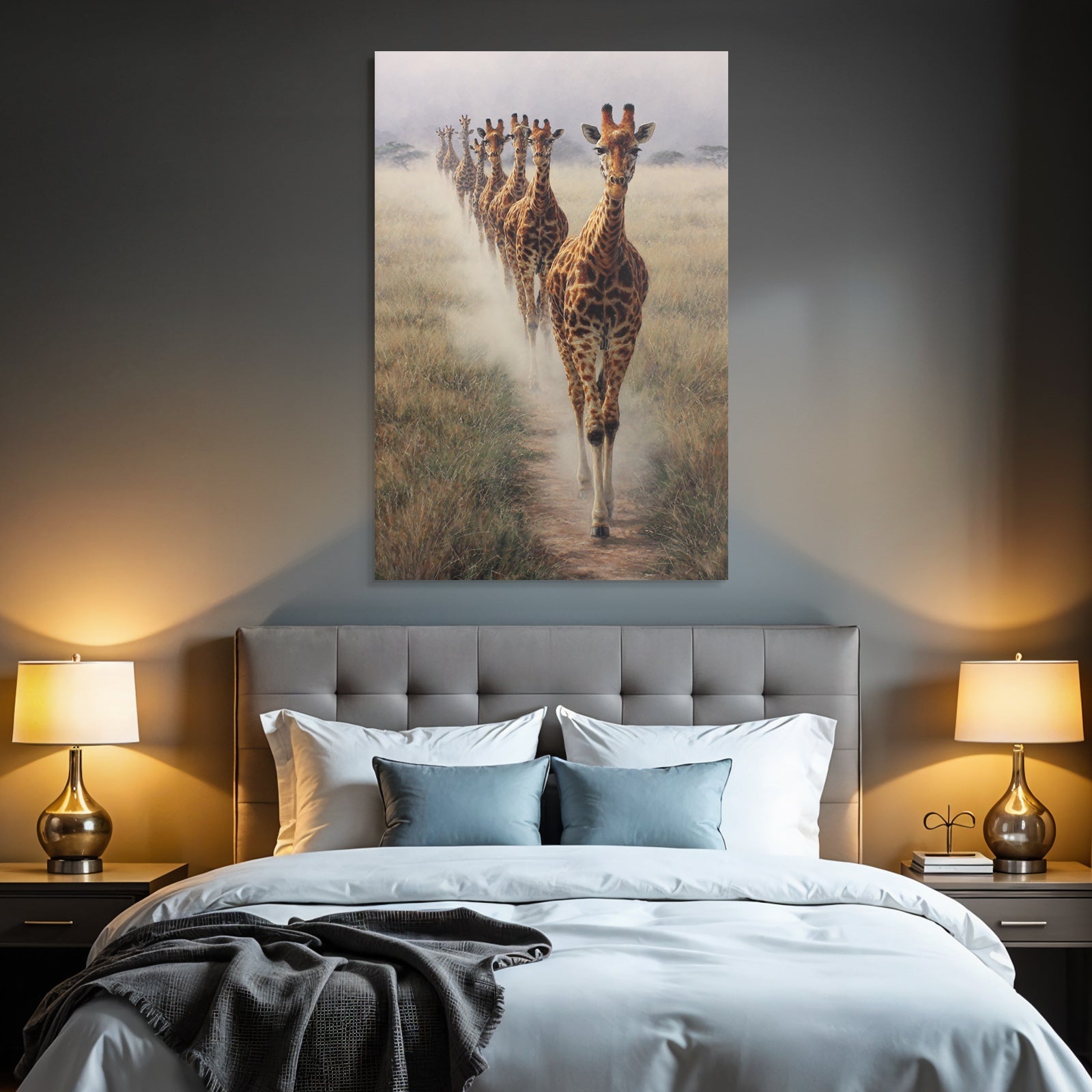 Giraffen In Der Savanne Mit Nebel Im Hintergrund