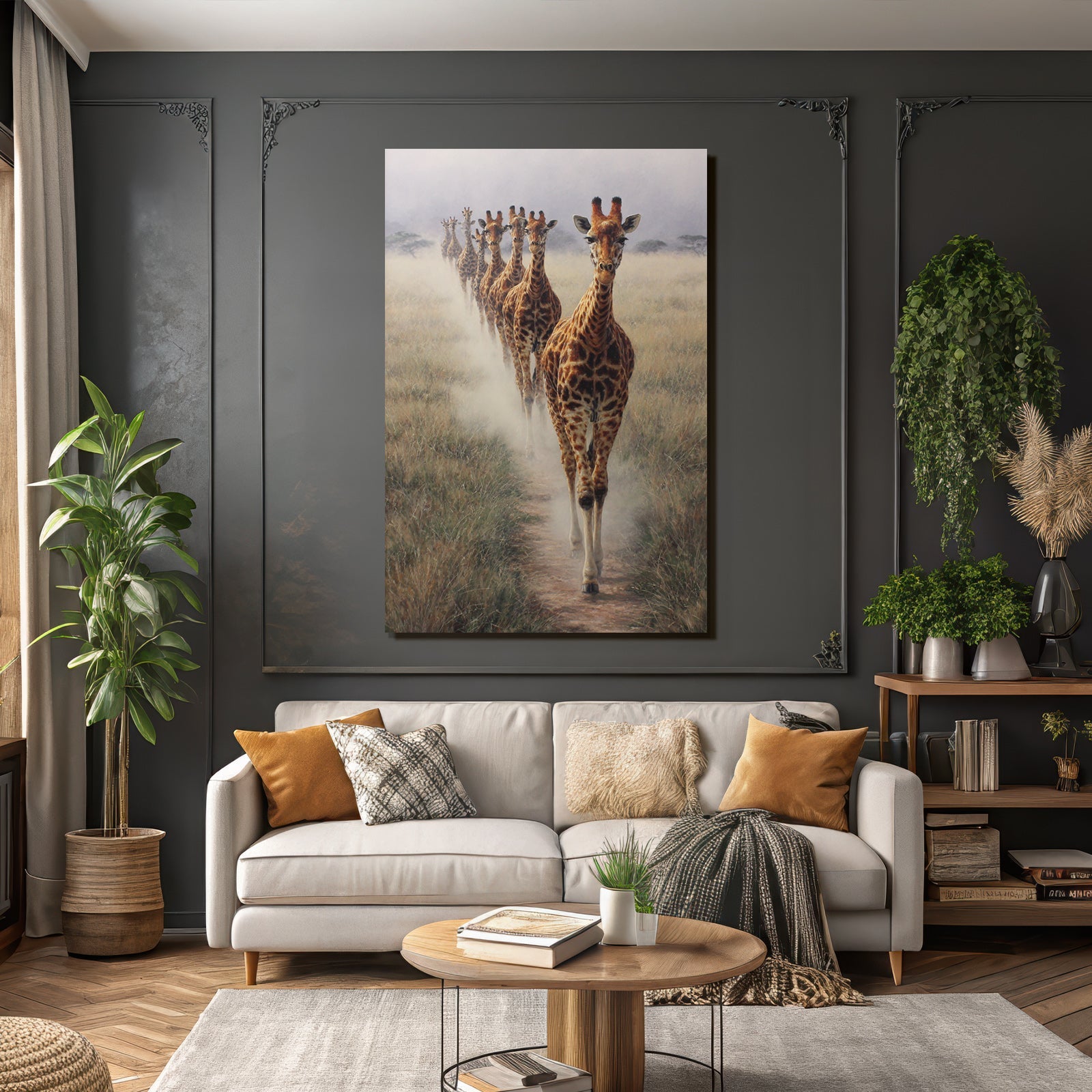 Giraffen In Der Savanne Mit Nebel Im Hintergrund