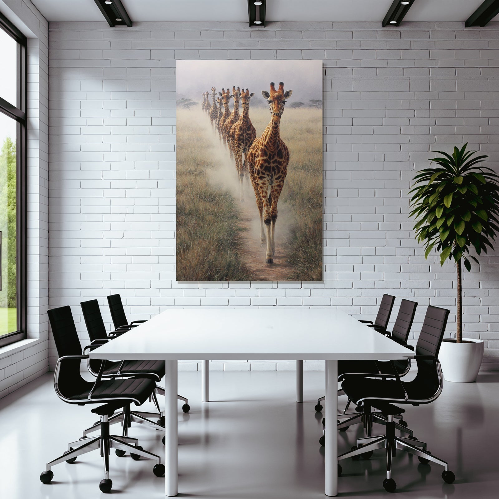 Giraffen In Der Savanne Mit Nebel Im Hintergrund