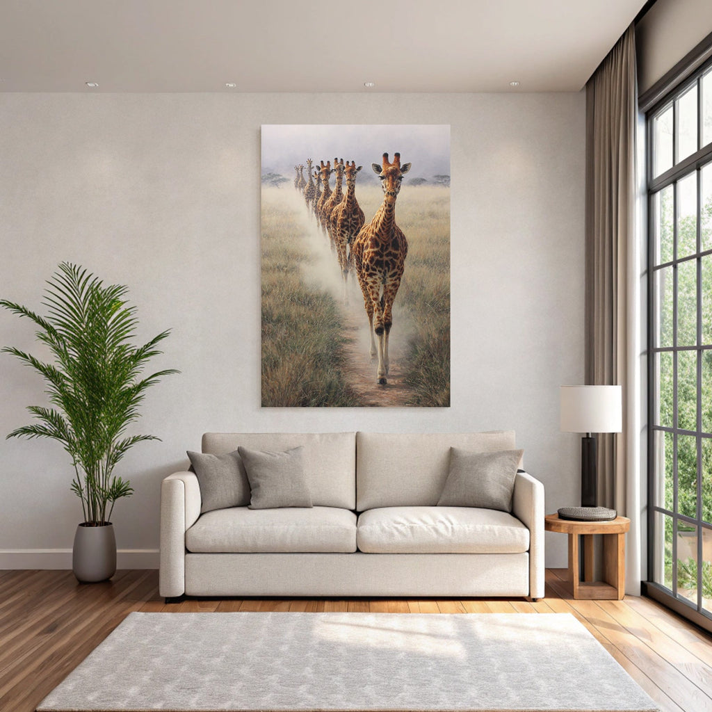 Giraffen In Der Savanne Mit Nebel Im Hintergrund