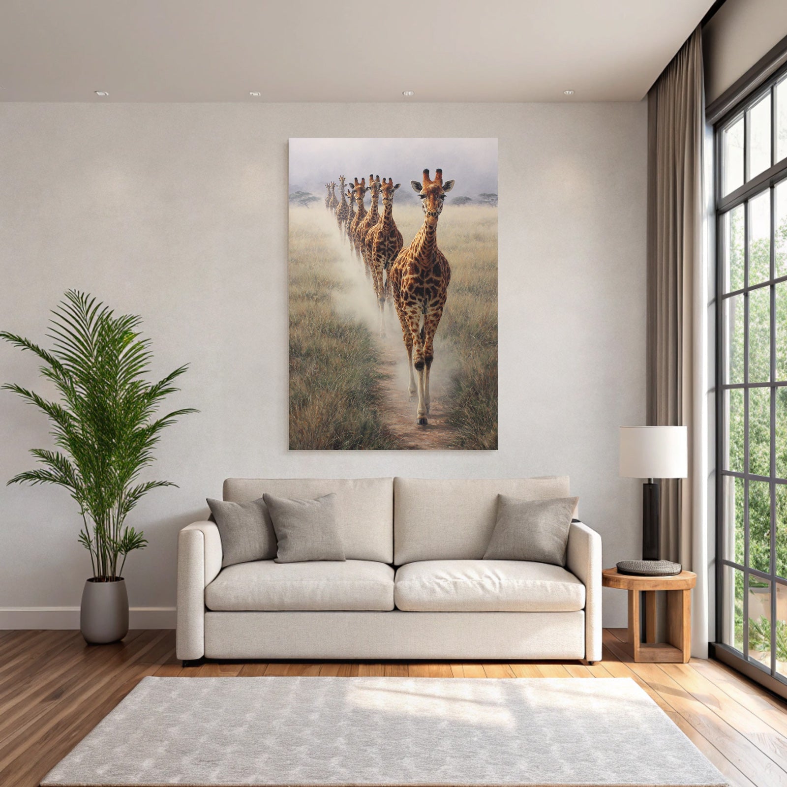 Giraffen In Der Savanne Mit Nebel Im Hintergrund