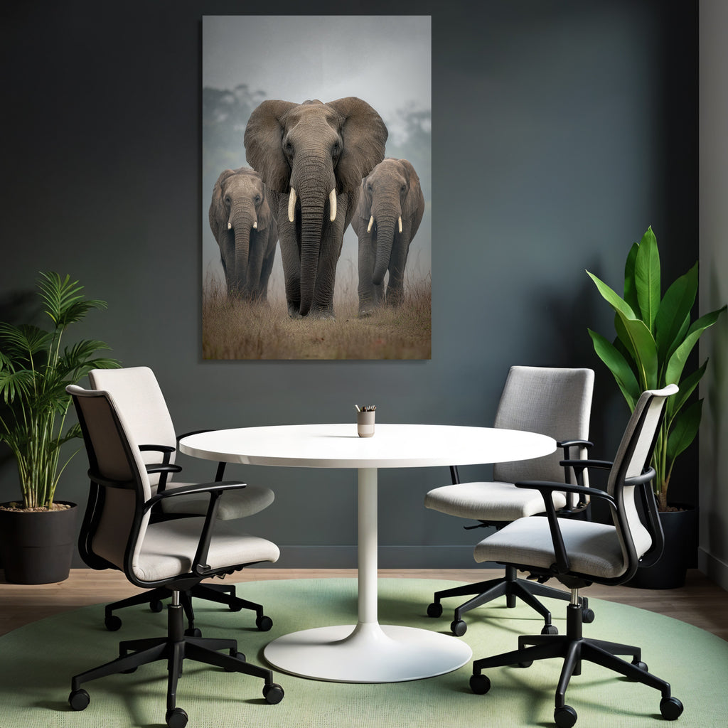 Gruppe Elefanten Beim Spaziergang Im Nebel Mit Highlight Für Den Grossen Elefant