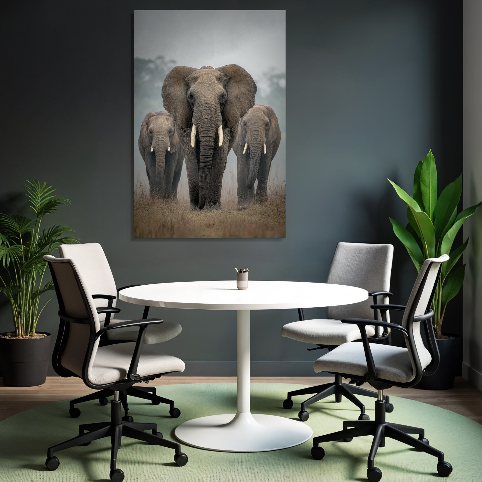 Gruppe Elefanten Beim Spaziergang Im Nebel Mit Highlight Für Den Grossen Elefant