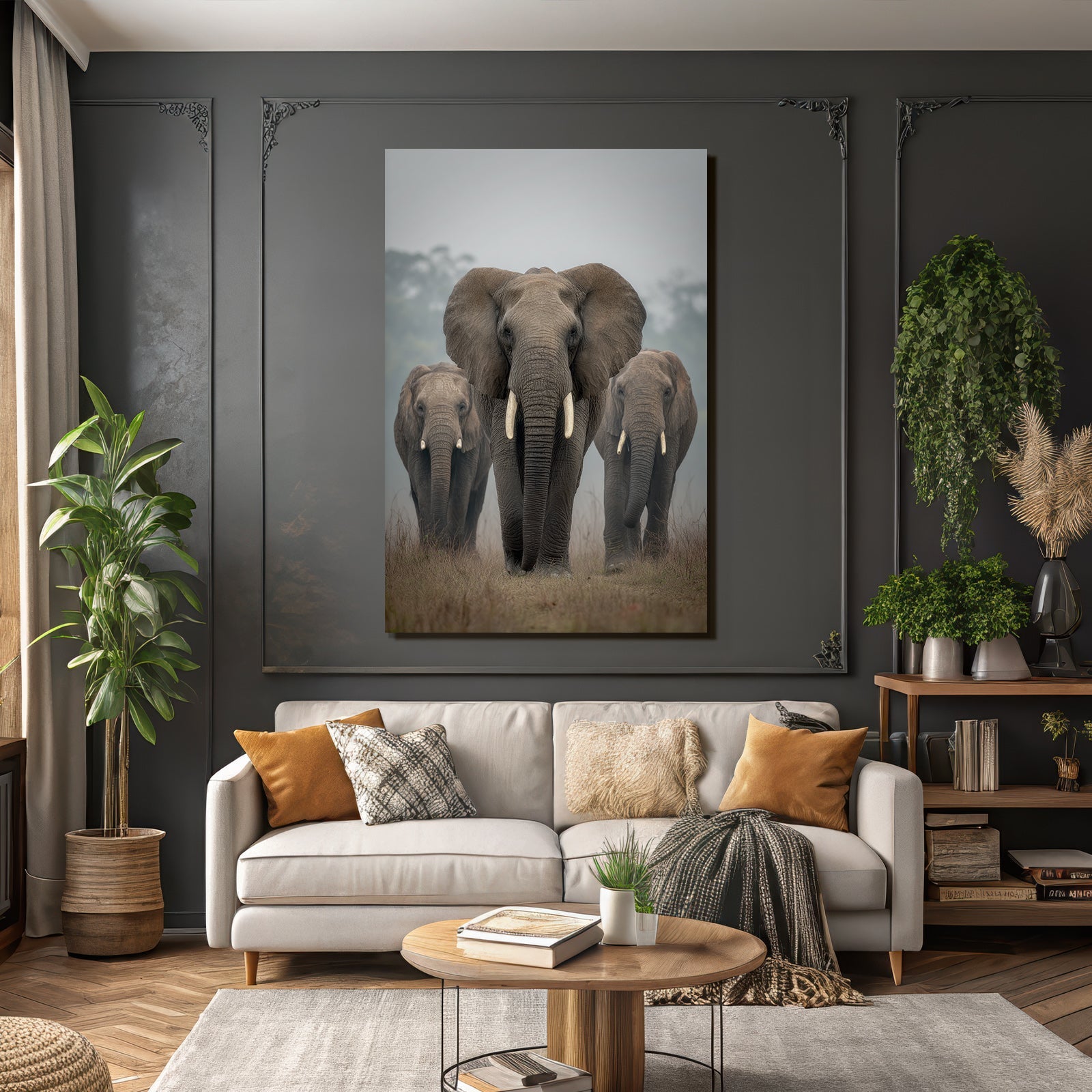Gruppe Elefanten Beim Spaziergang Im Nebel Mit Highlight Für Den Grossen Elefant