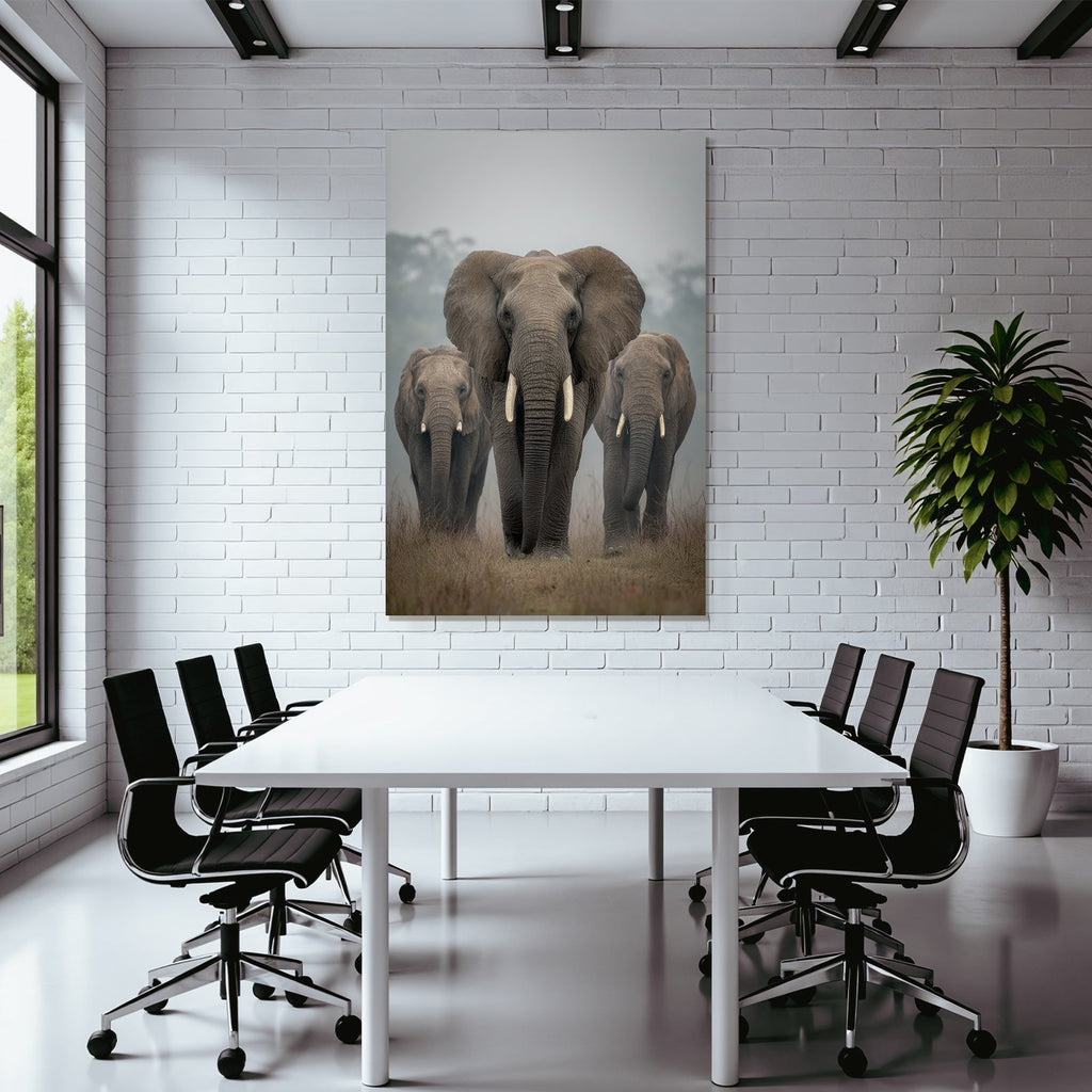 Gruppe Elefanten Beim Spaziergang Im Nebel Mit Highlight Für Den Grossen Elefant