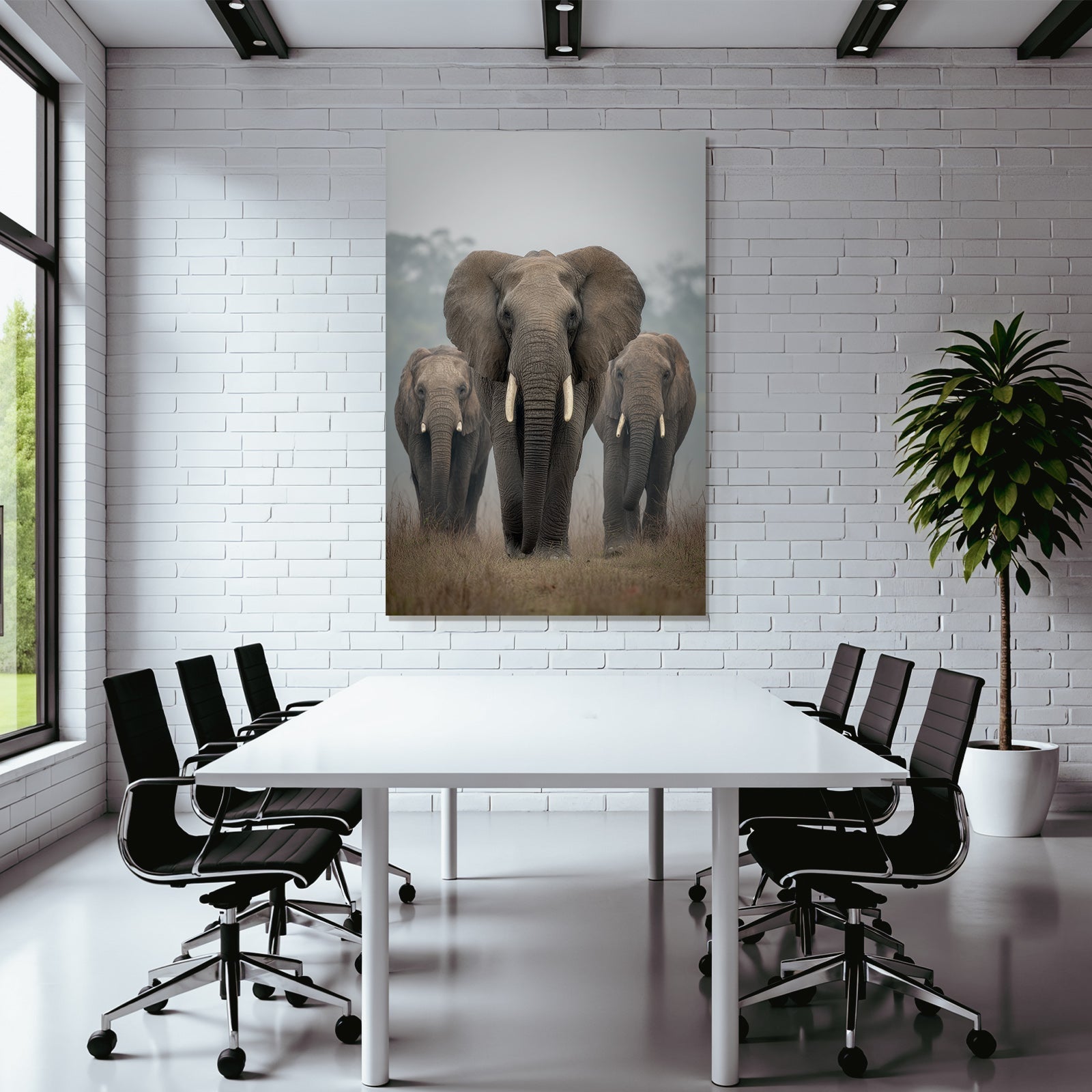 Gruppe Elefanten Beim Spaziergang Im Nebel Mit Highlight Für Den Grossen Elefant