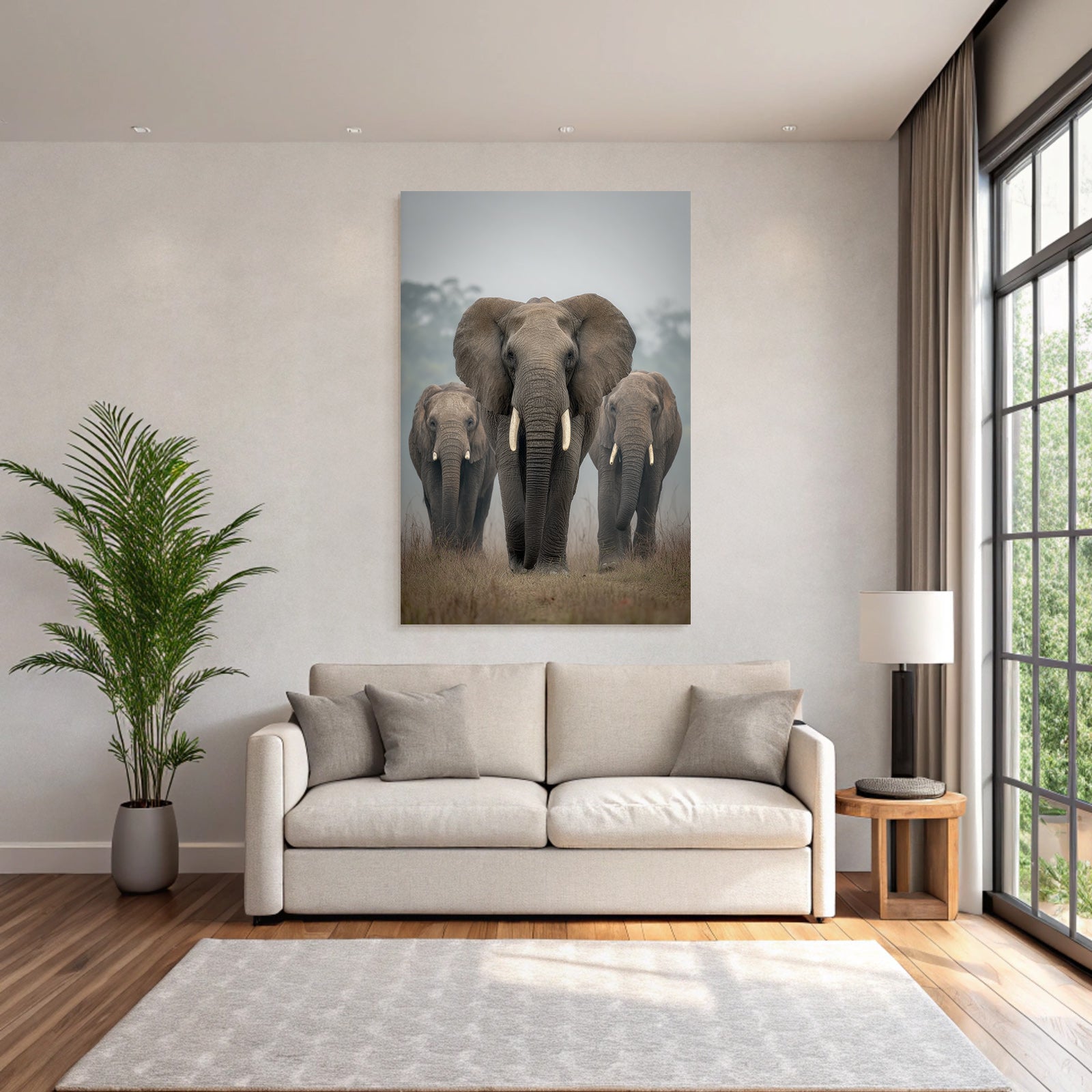 Gruppe Elefanten Beim Spaziergang Im Nebel Mit Highlight Für Den Grossen Elefant