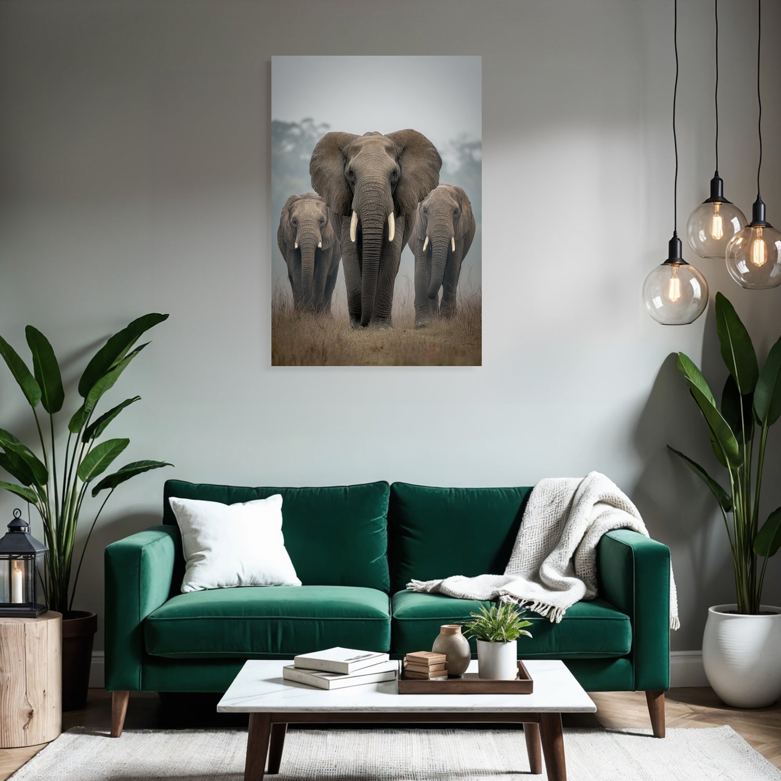 Gruppe Elefanten Beim Spaziergang Im Nebel Mit Highlight Für Den Grossen Elefant