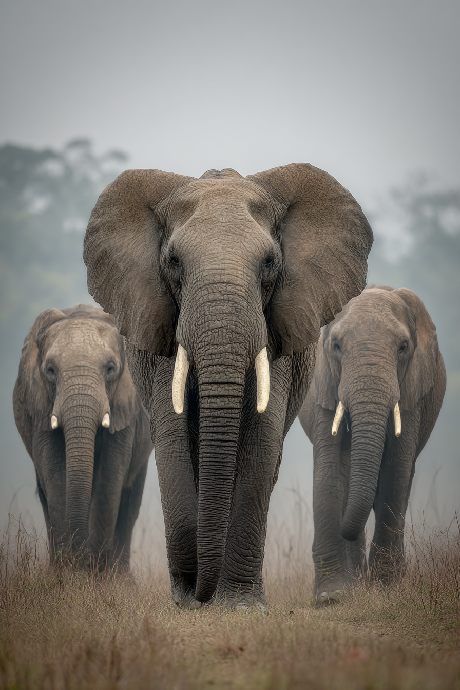 Gruppe Elefanten Beim Spaziergang Im Nebel Mit Highlight Für Den Grossen Elefant | Safari und Wildtiere | Tiere