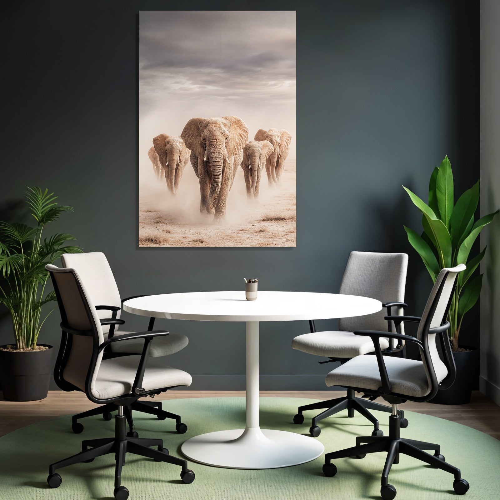 Gruppe Elefanten Durch Landschaft Mit Staubigem Boden Und Wolken Im Himmel