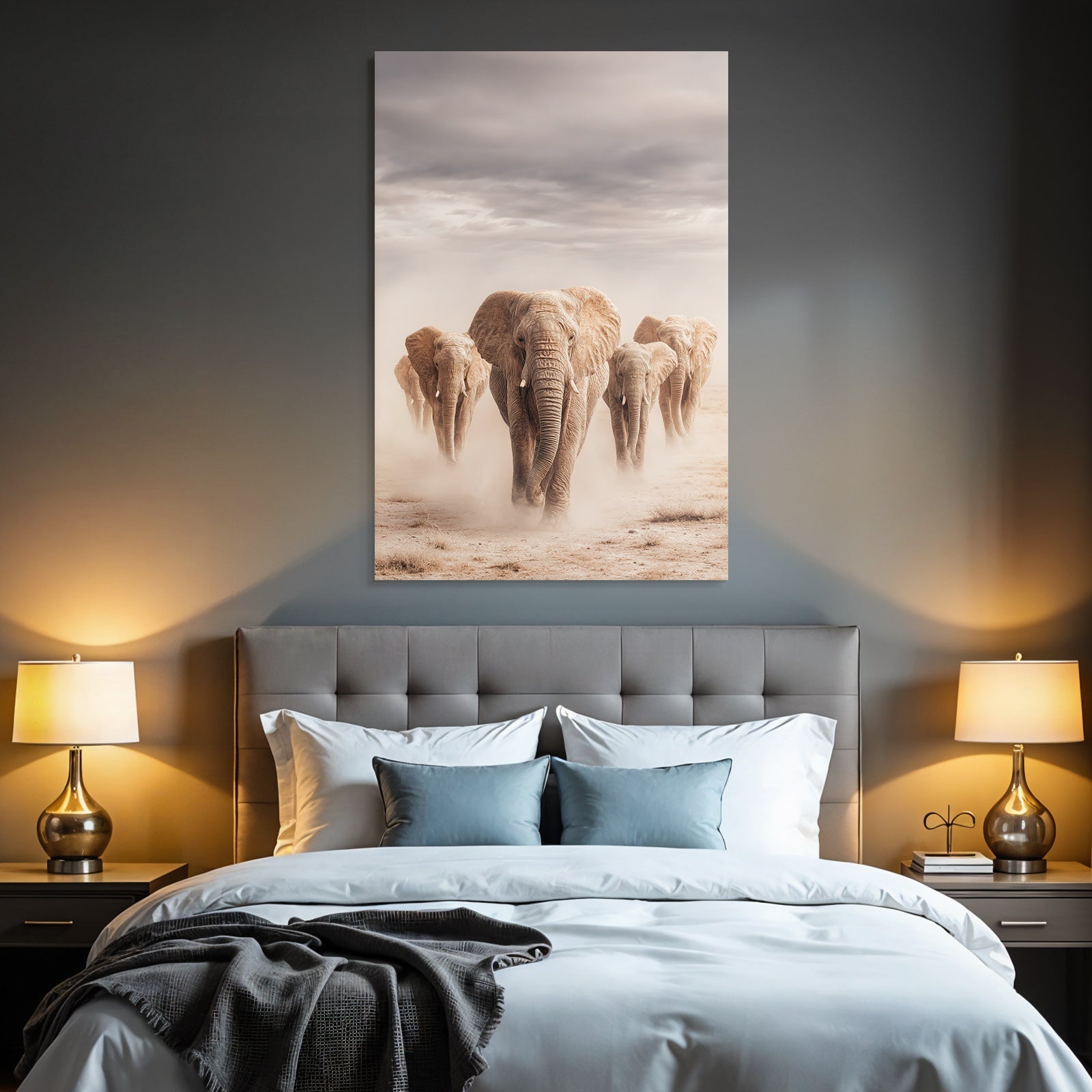 Gruppe Elefanten Durch Landschaft Mit Staubigem Boden Und Wolken Im Himmel