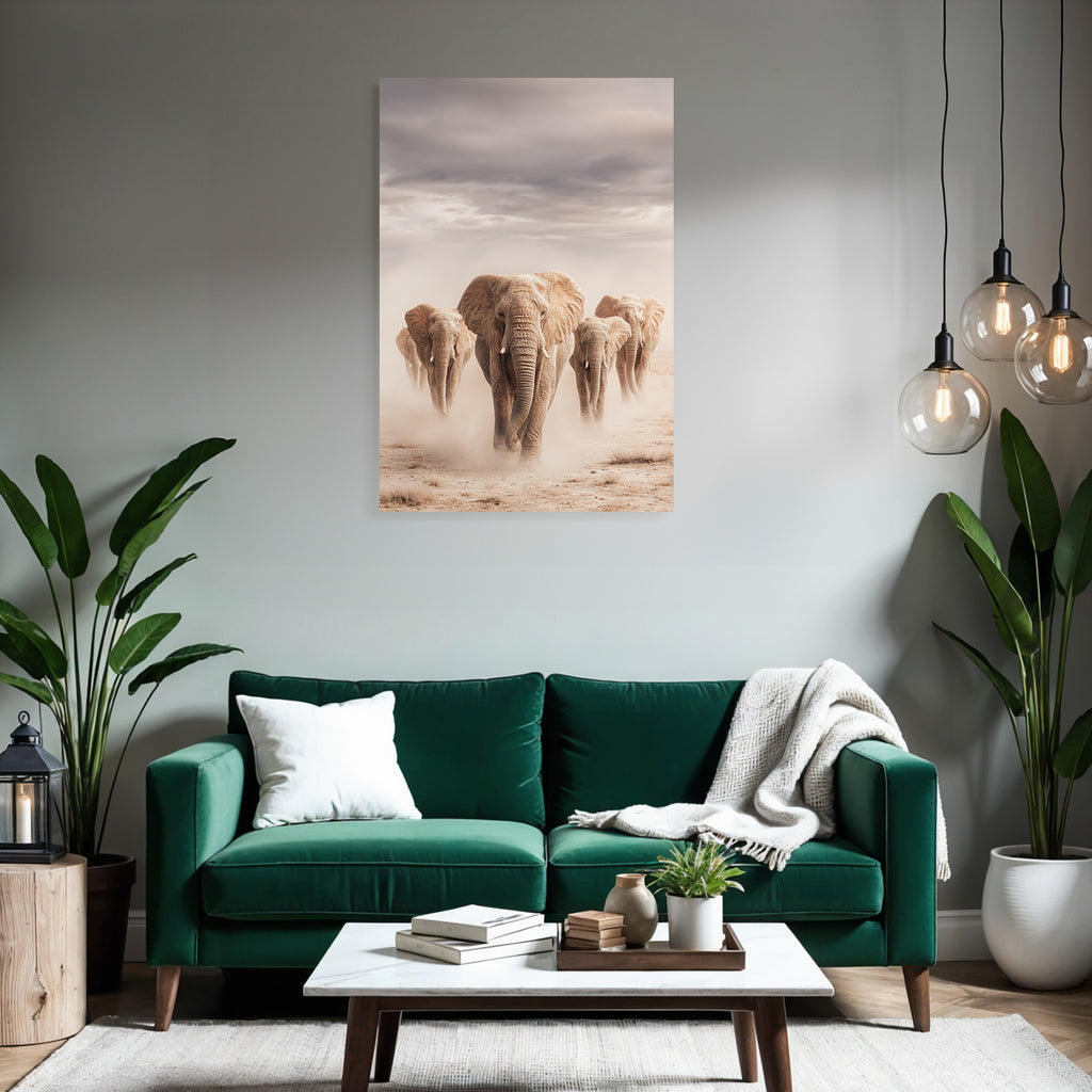 Gruppe Elefanten Durch Landschaft Mit Staubigem Boden Und Wolken Im Himmel