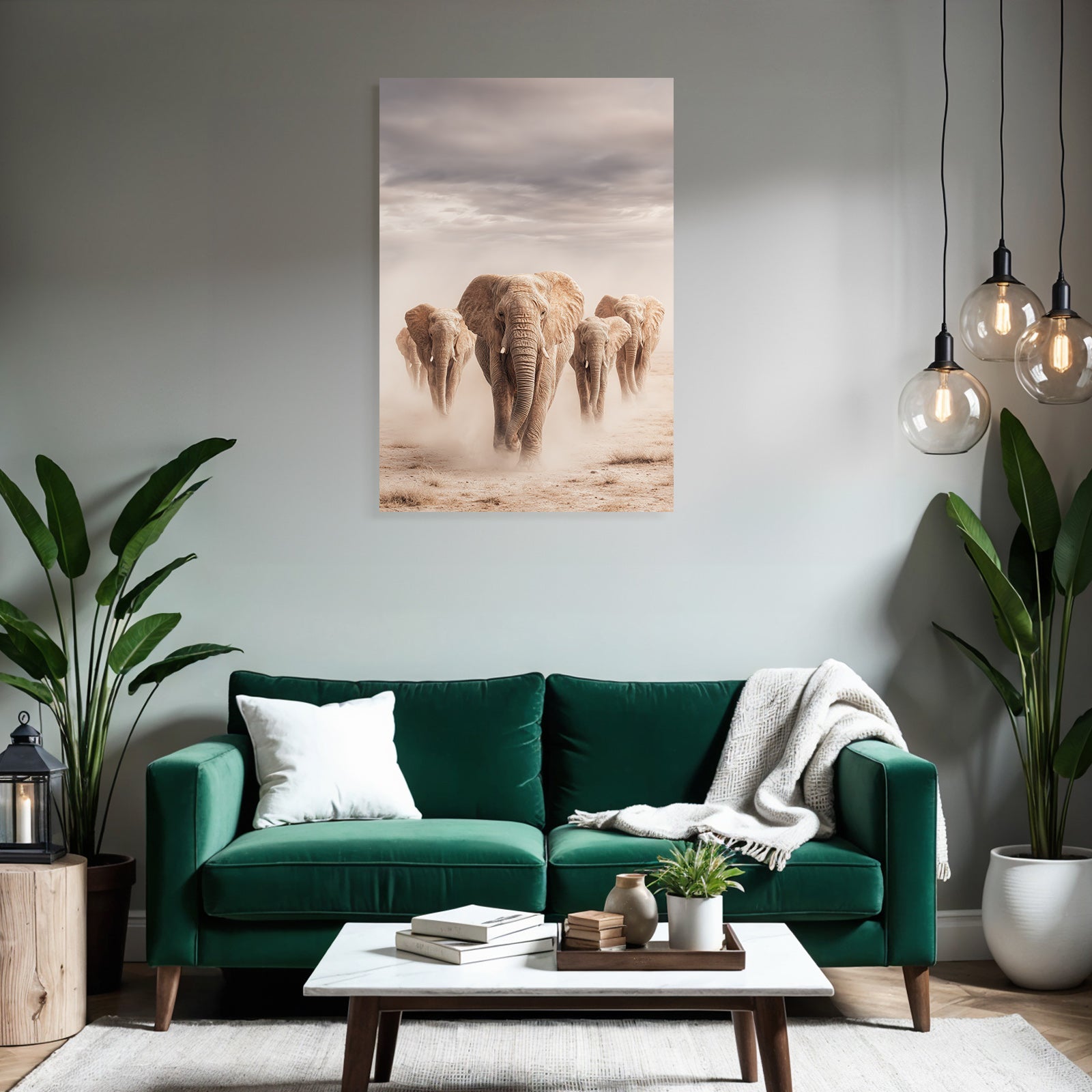 Gruppe Elefanten Durch Landschaft Mit Staubigem Boden Und Wolken Im Himmel