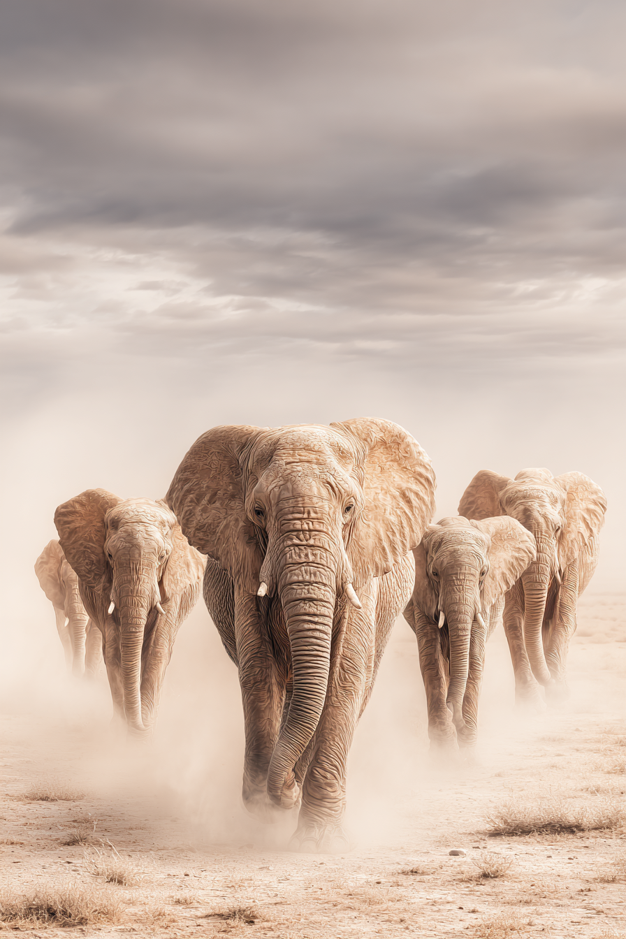 Gruppe Elefanten Durch Landschaft Mit Staubigem Boden Und Wolken Im Himmel | Safari und Wildtiere | Tiere